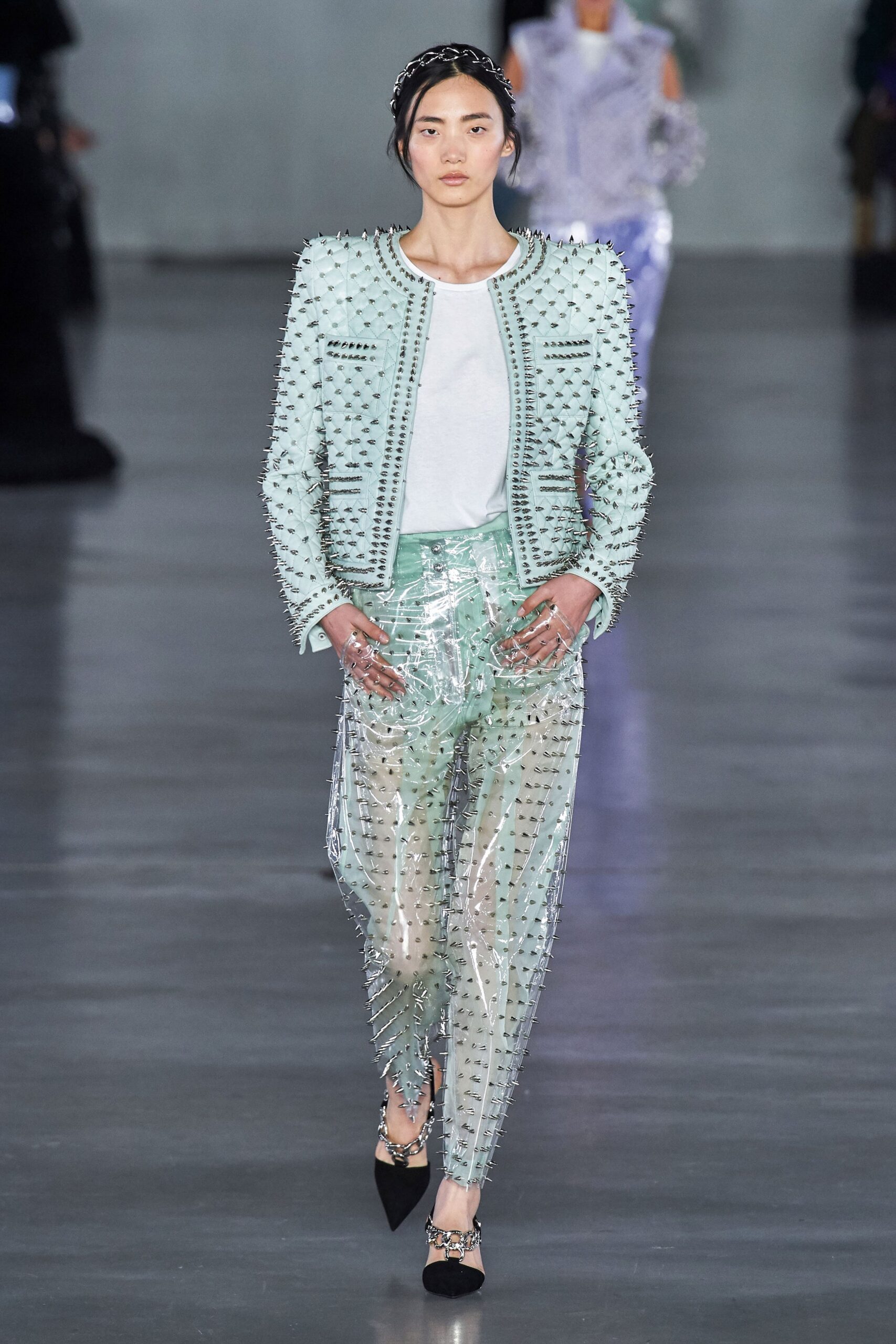 mint vinyl jacket with clear pants