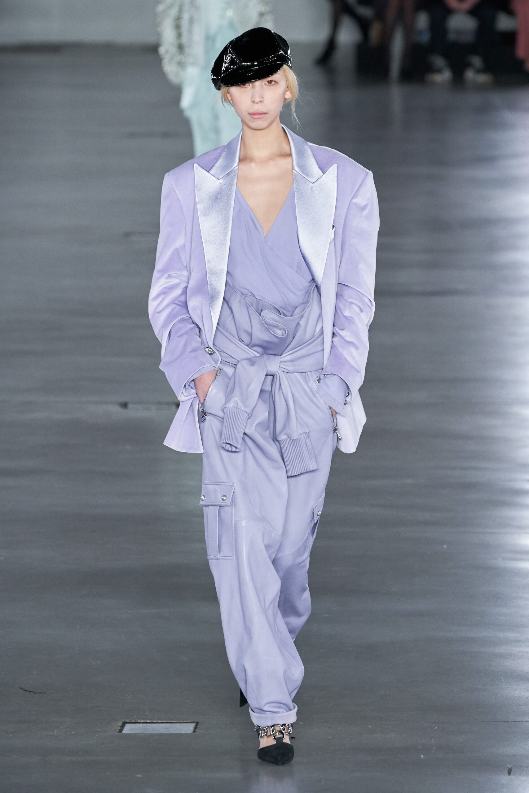 lavender blazer and jumpsuit