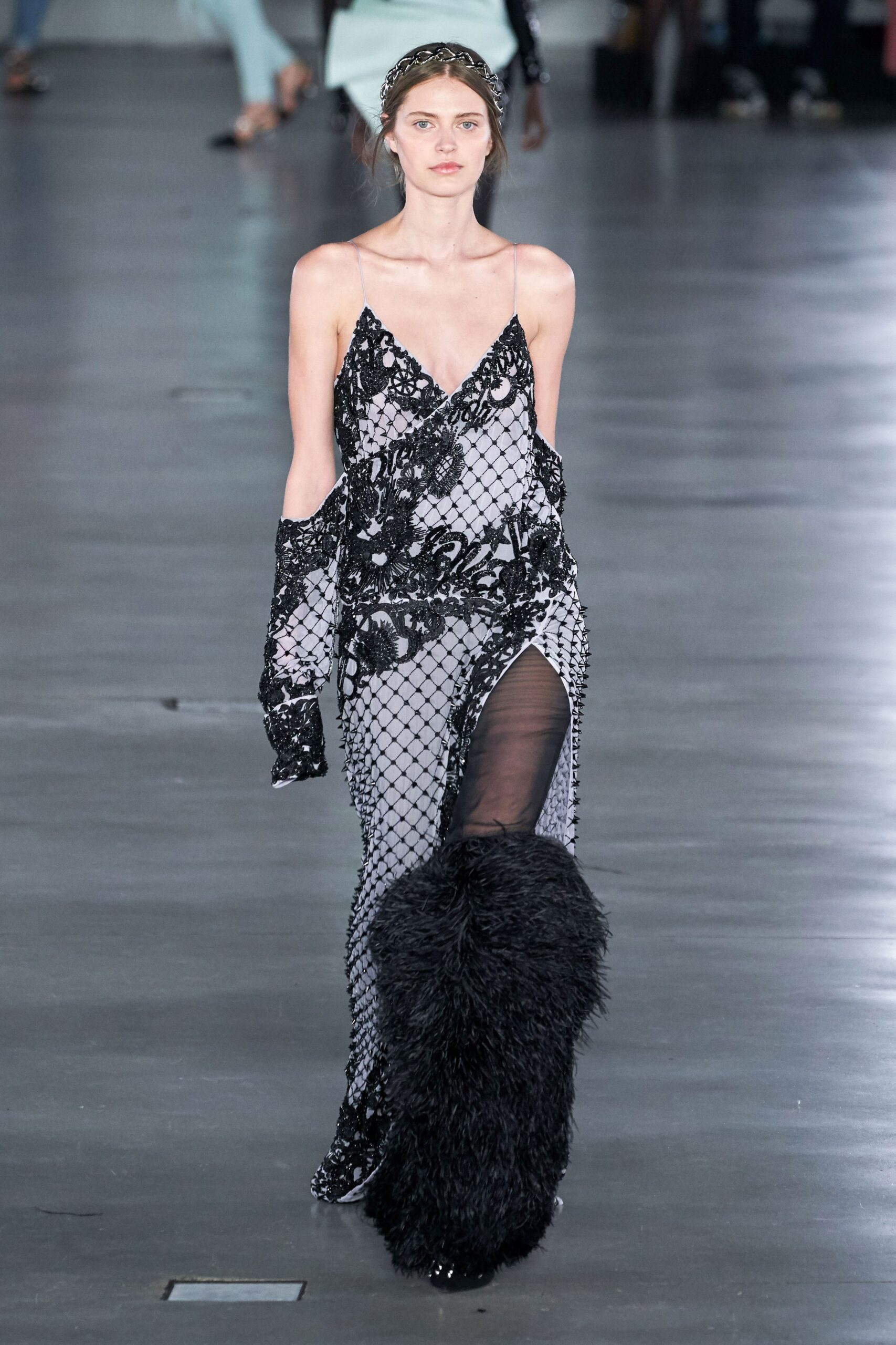 black and white embroidered midi dress with fur cape