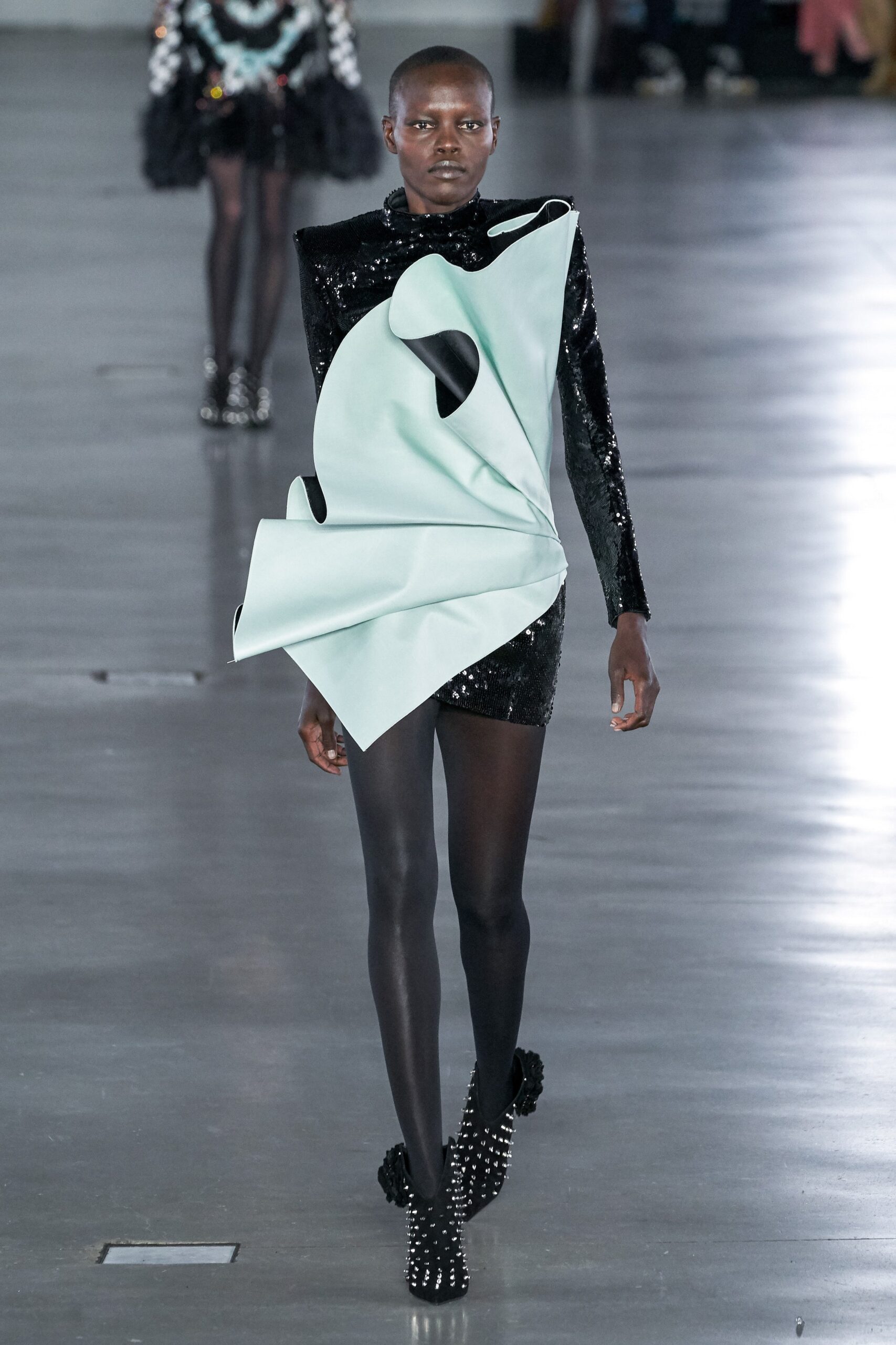 black sequin asymmetric mini dress