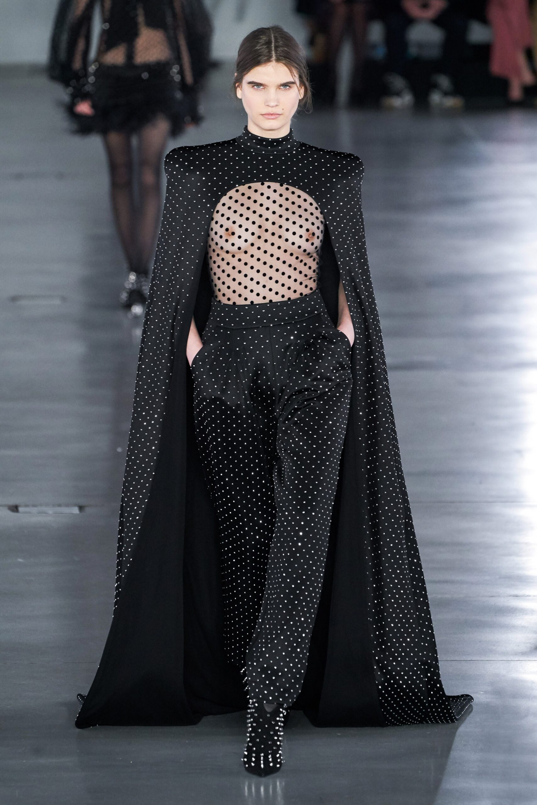 black embellished cape and pants