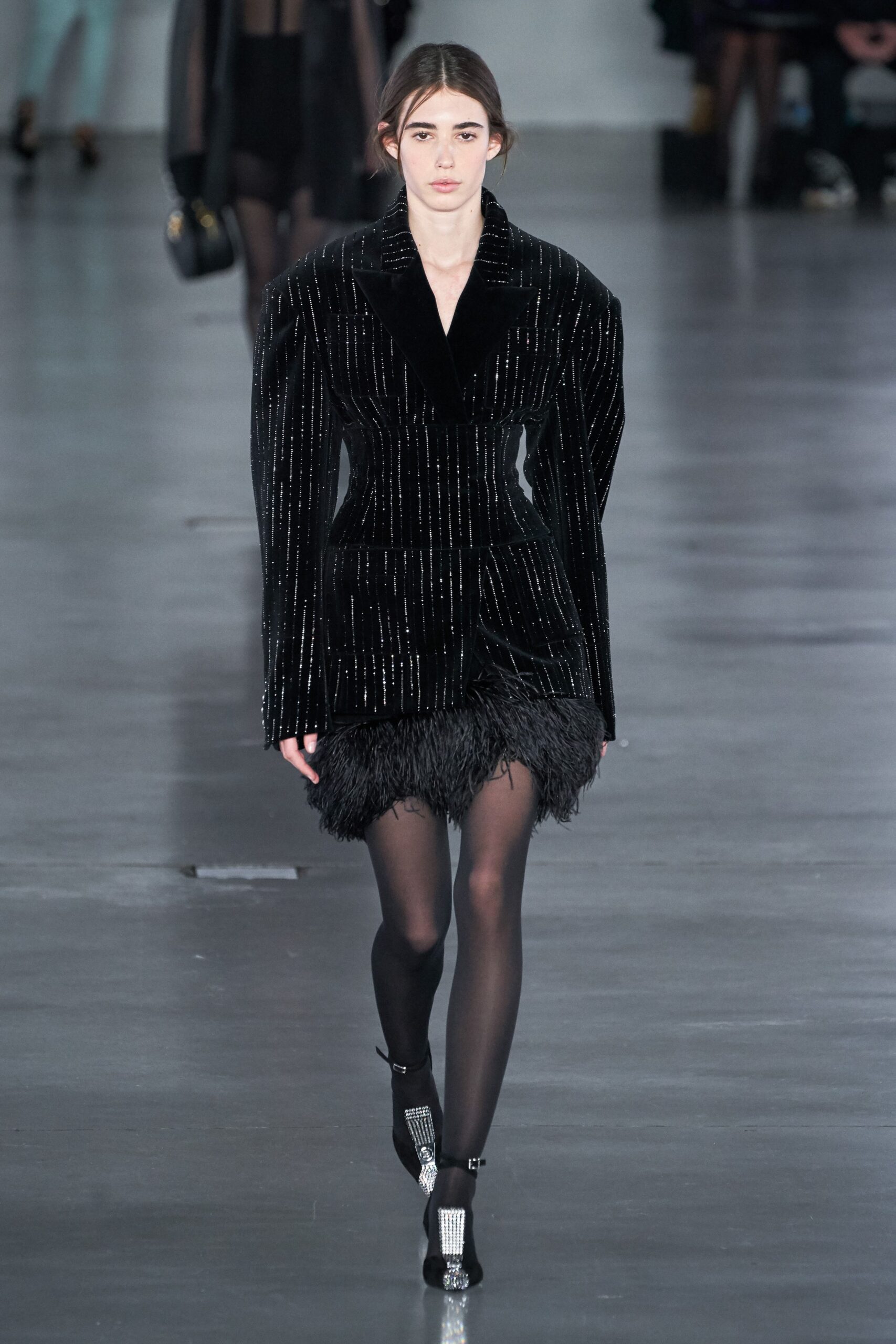 black velvet blazer with feathered skirt