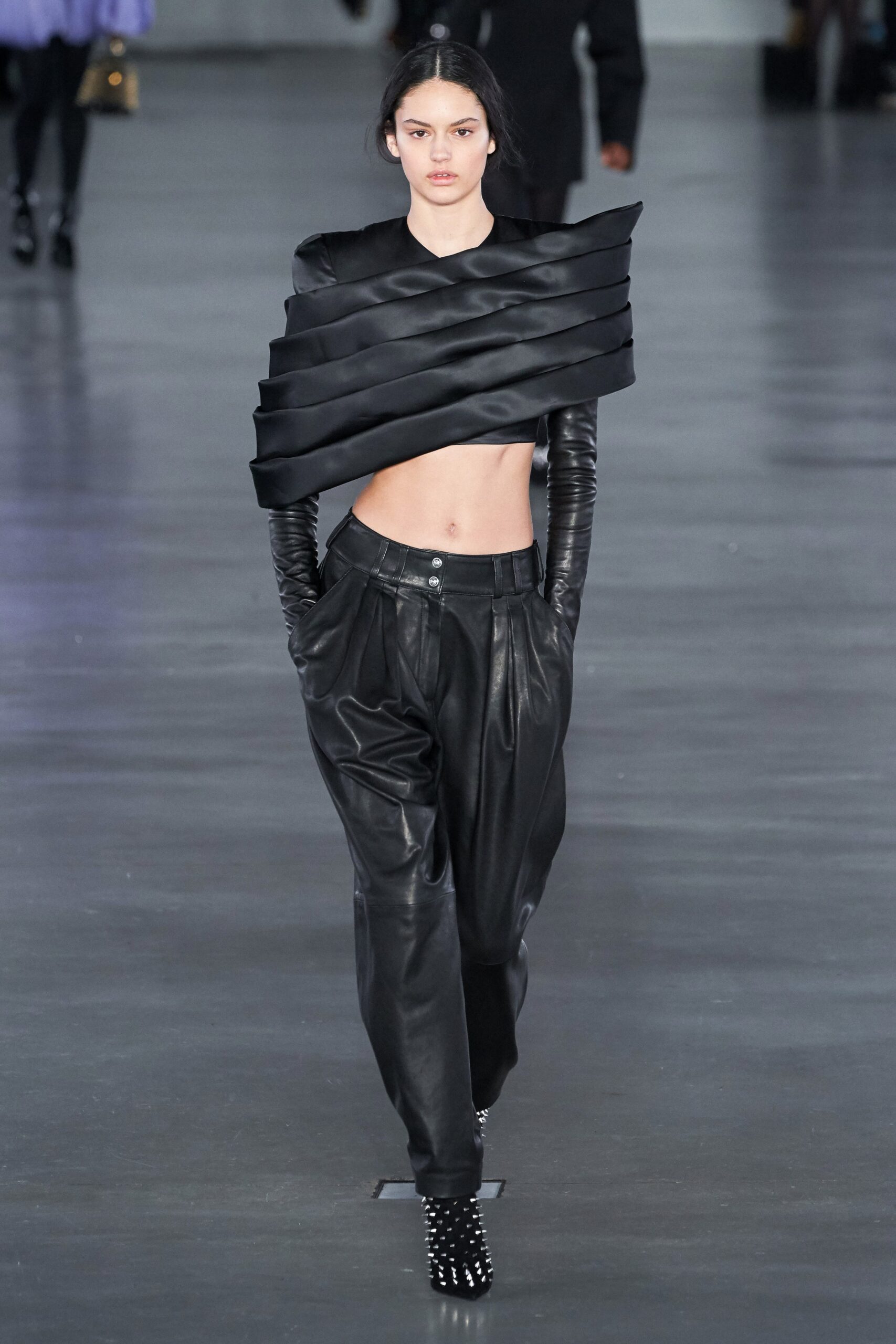 black silk pleated top and leather pants