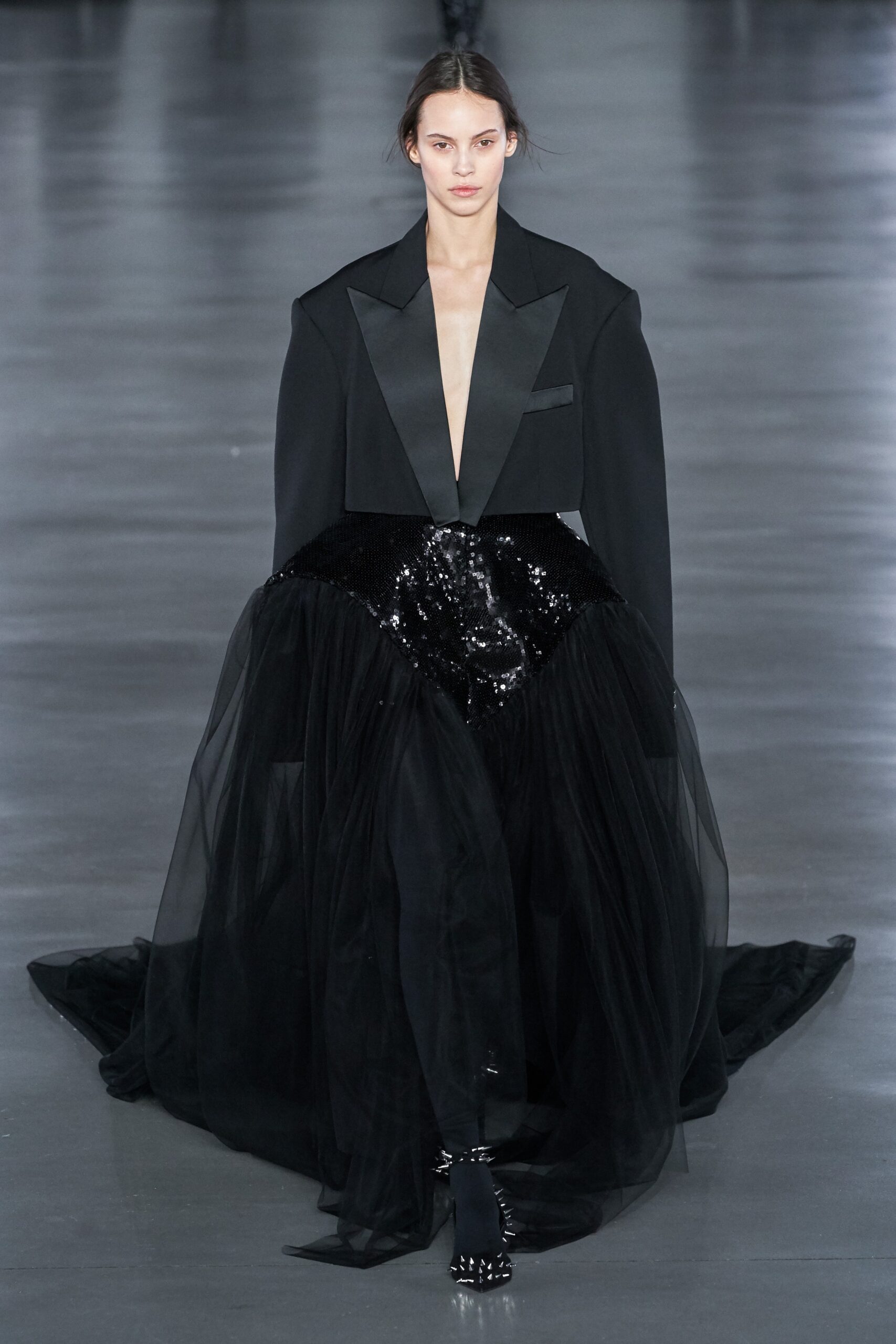 black silk sequin gown with blazer