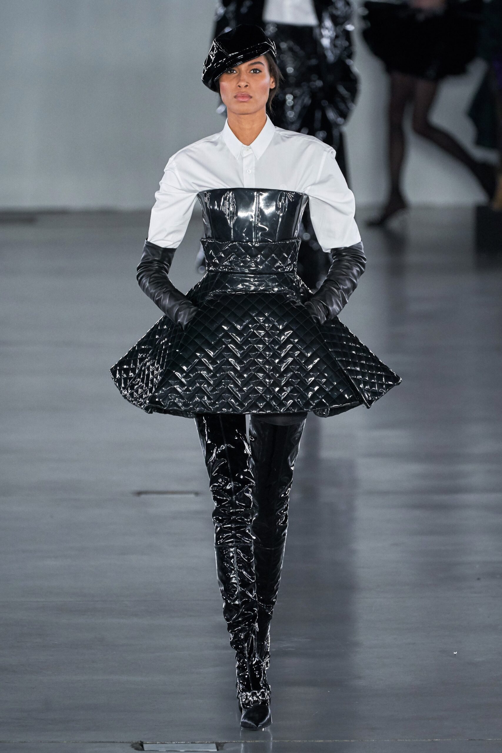 black vinyl mini dress with gloves