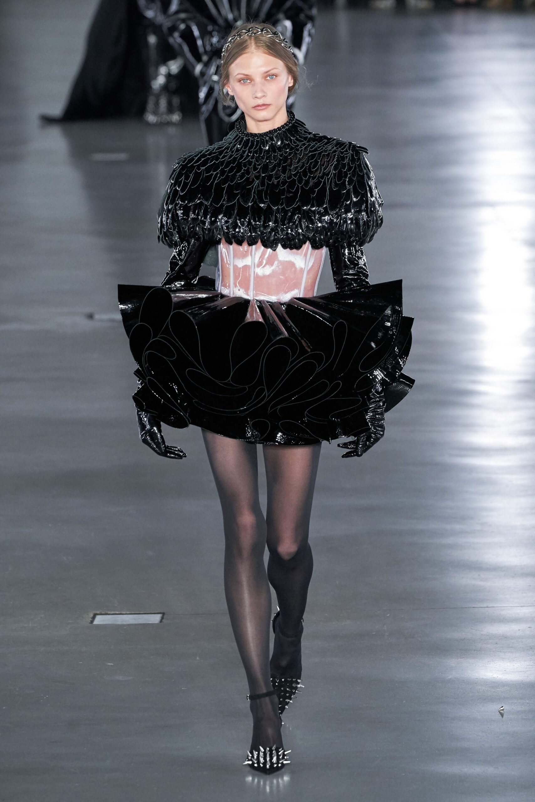 black and white vinyl mini dress