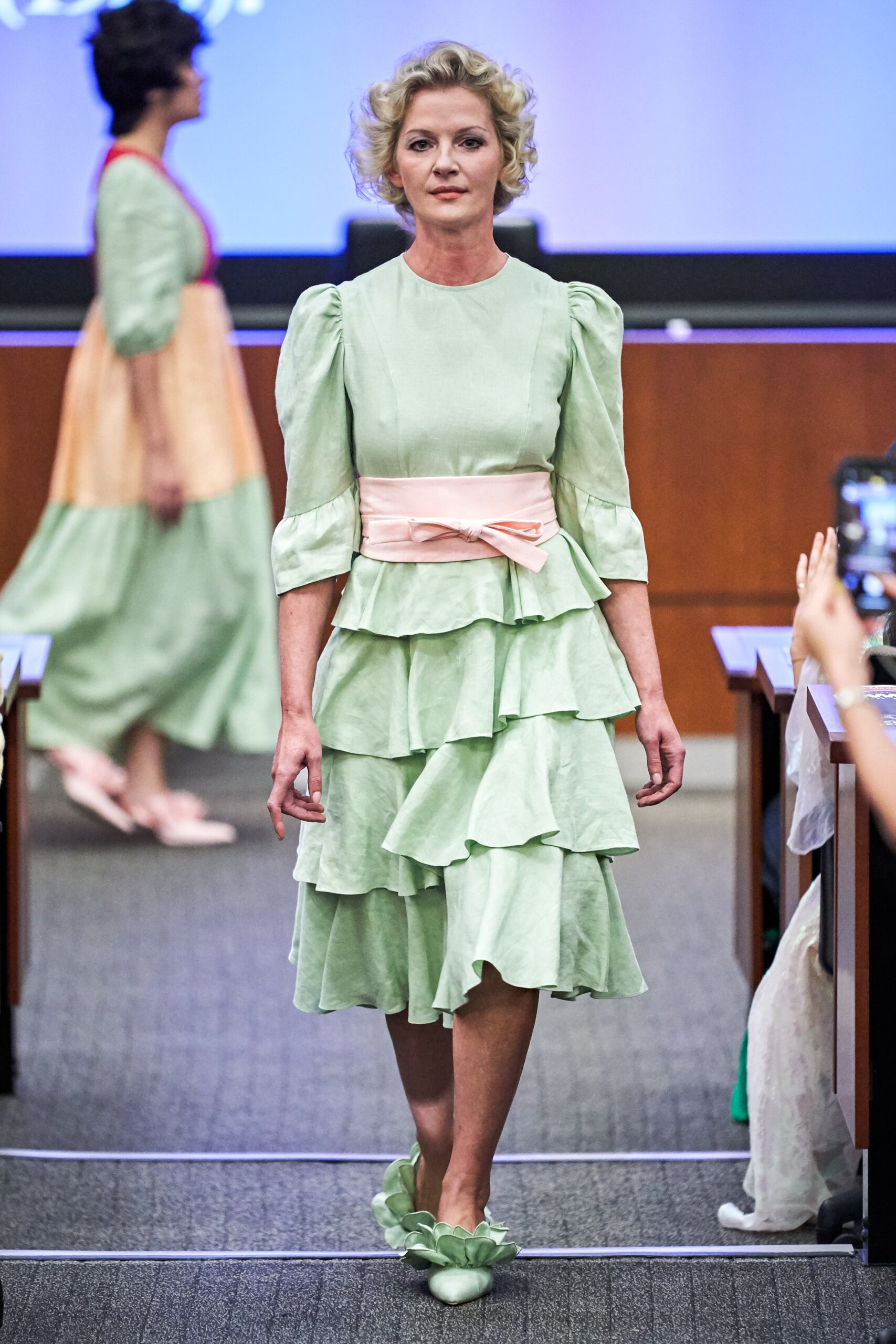 green silk tiered dress