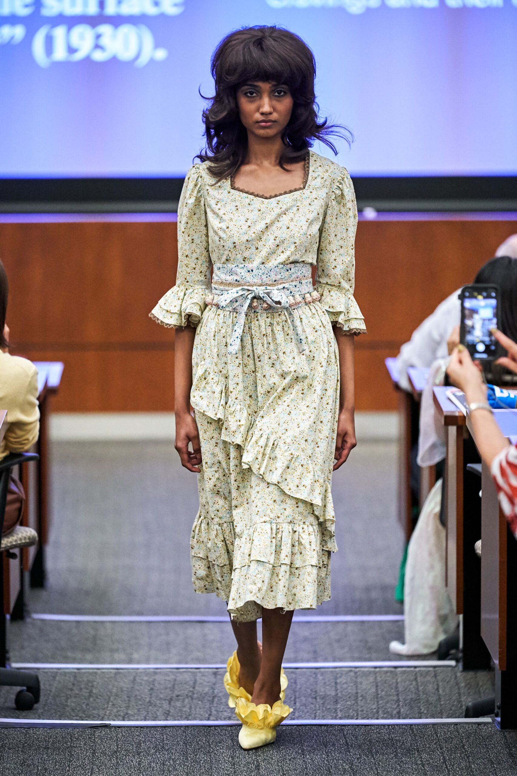 yellow cotton long-sleeve v-neck fitted ruffled tiered dress