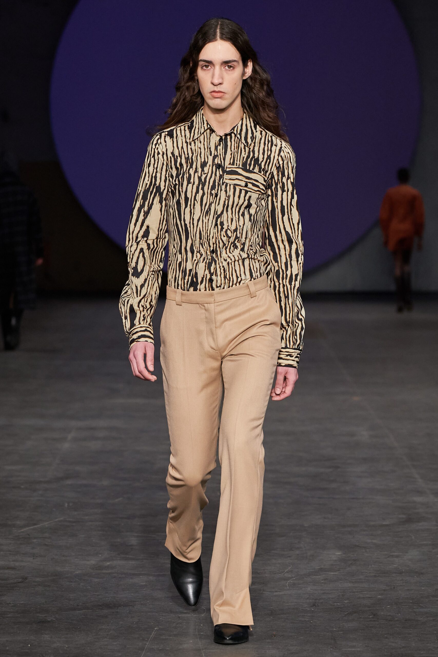beige printed shirt with tailored pants