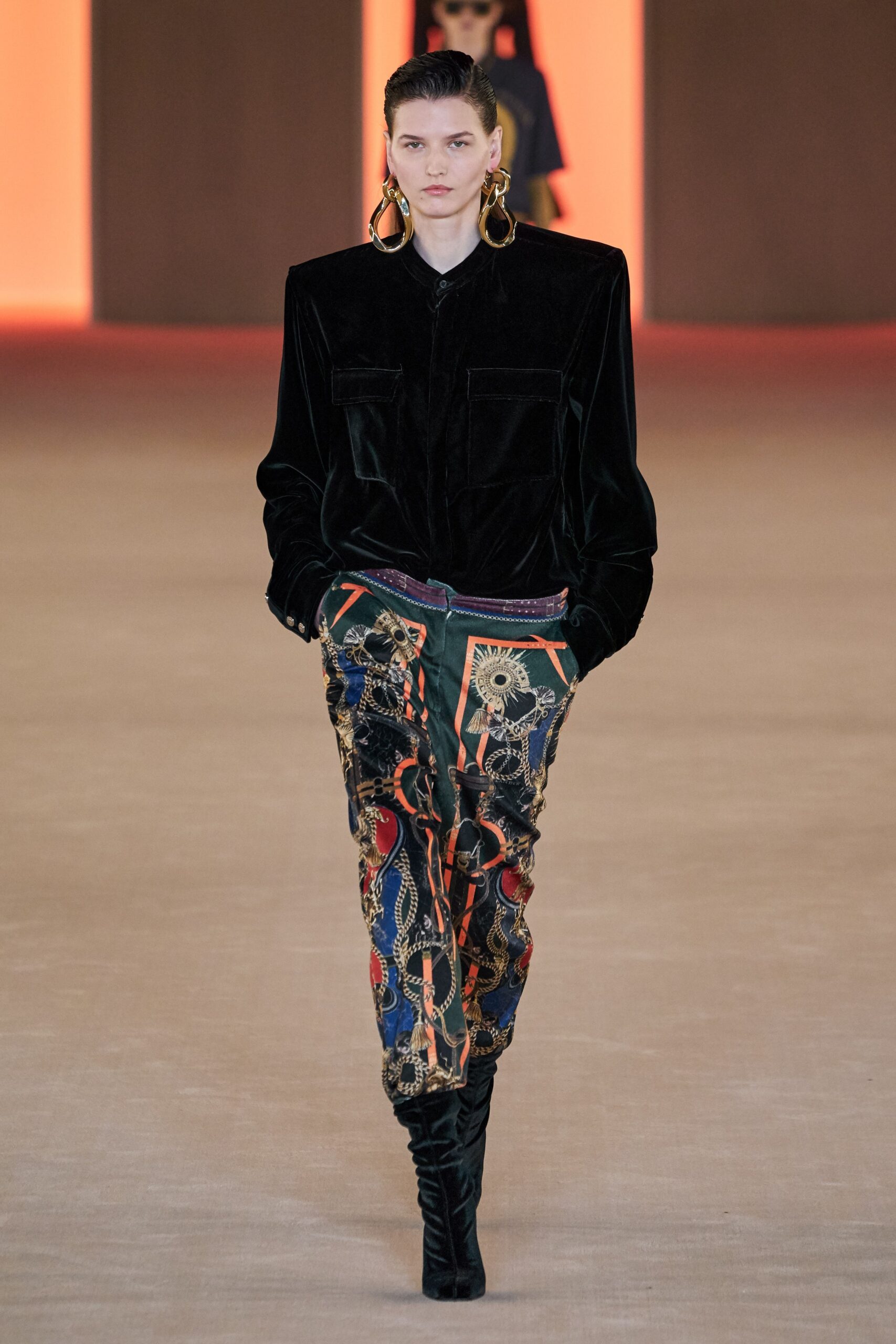 black velvet shirt with printed pants