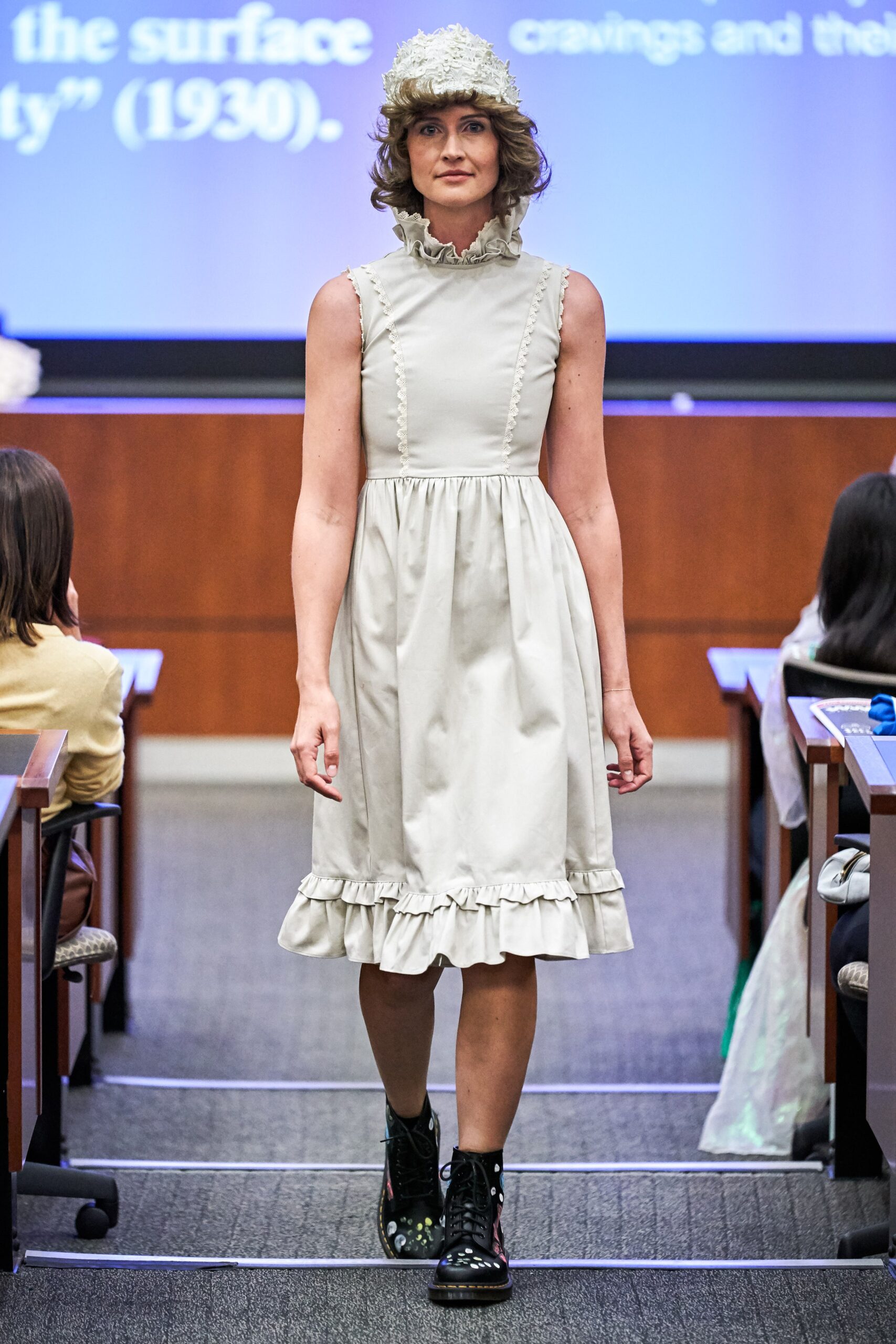 gray cotton sleeveless high-neck fitted ruffled mini dress