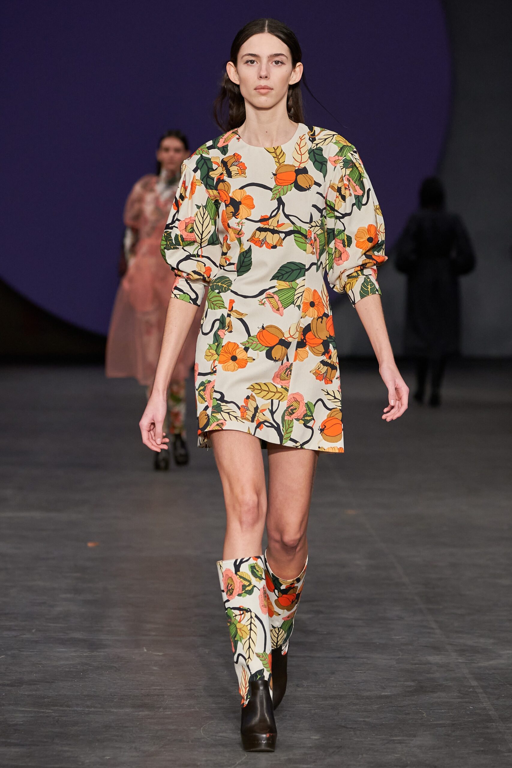 floral mini-dress with black boots