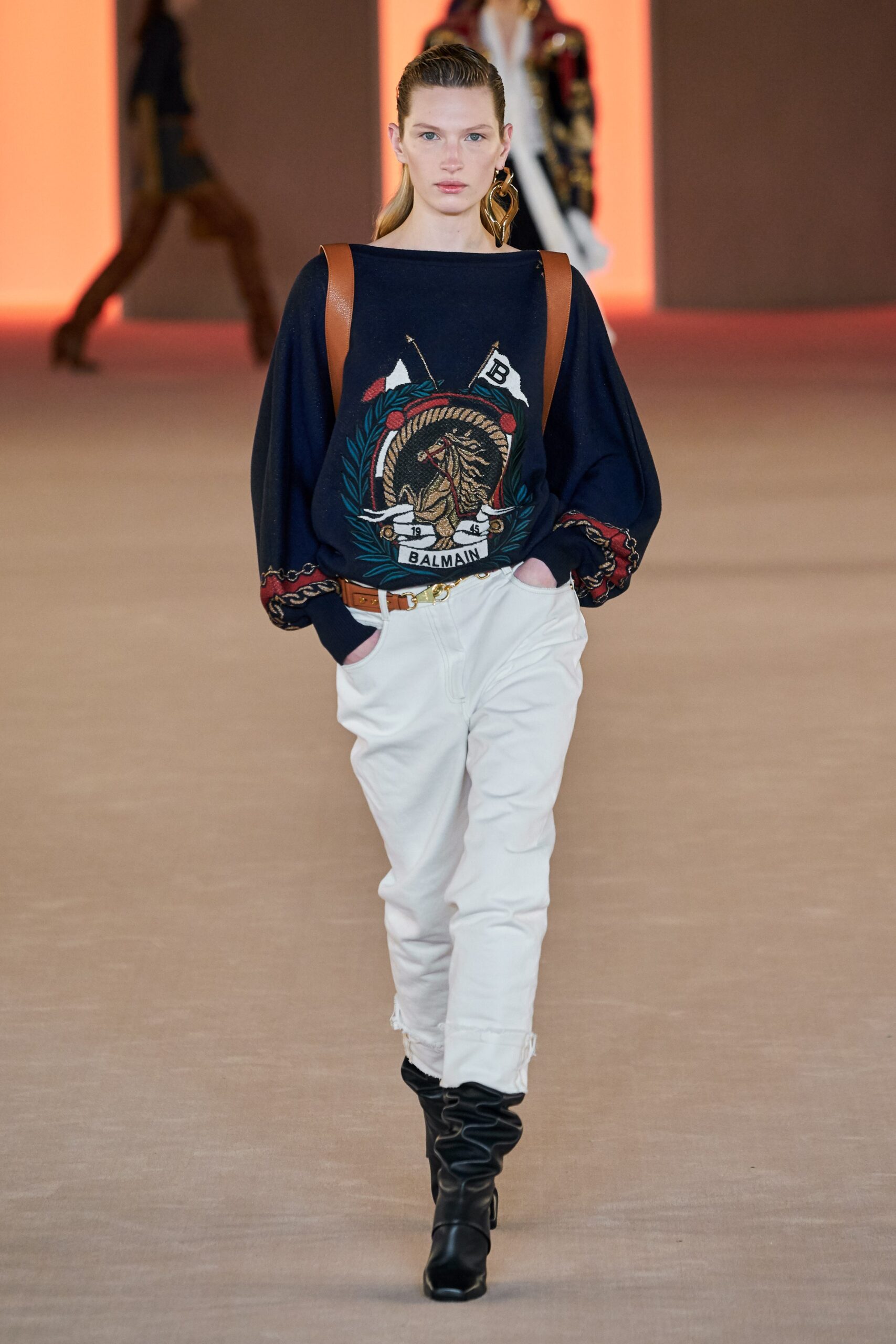 blue cotton long-sleeve collared relaxed embroidered sweater