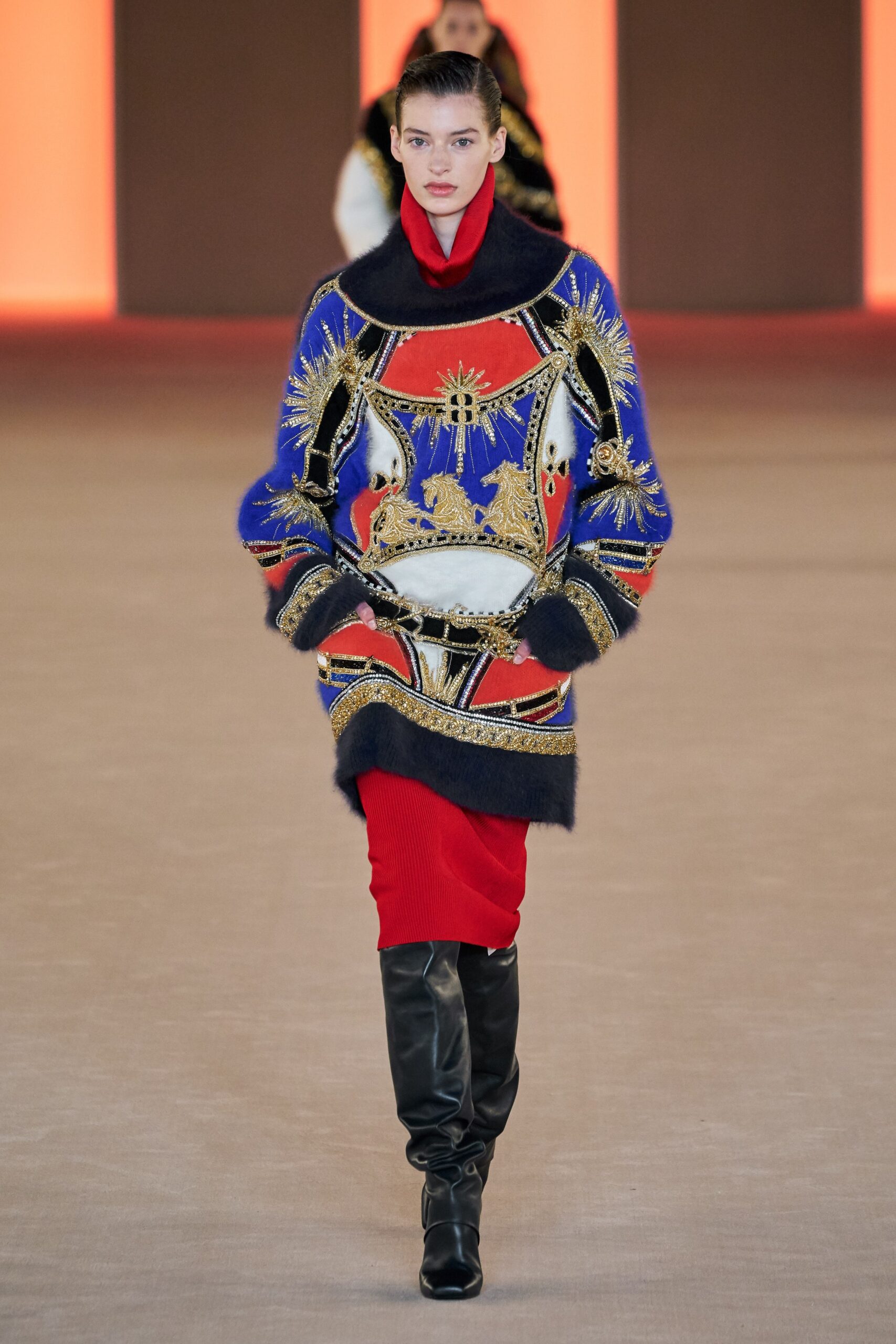 blue wool long-sleeve collared relaxed embroidered coat