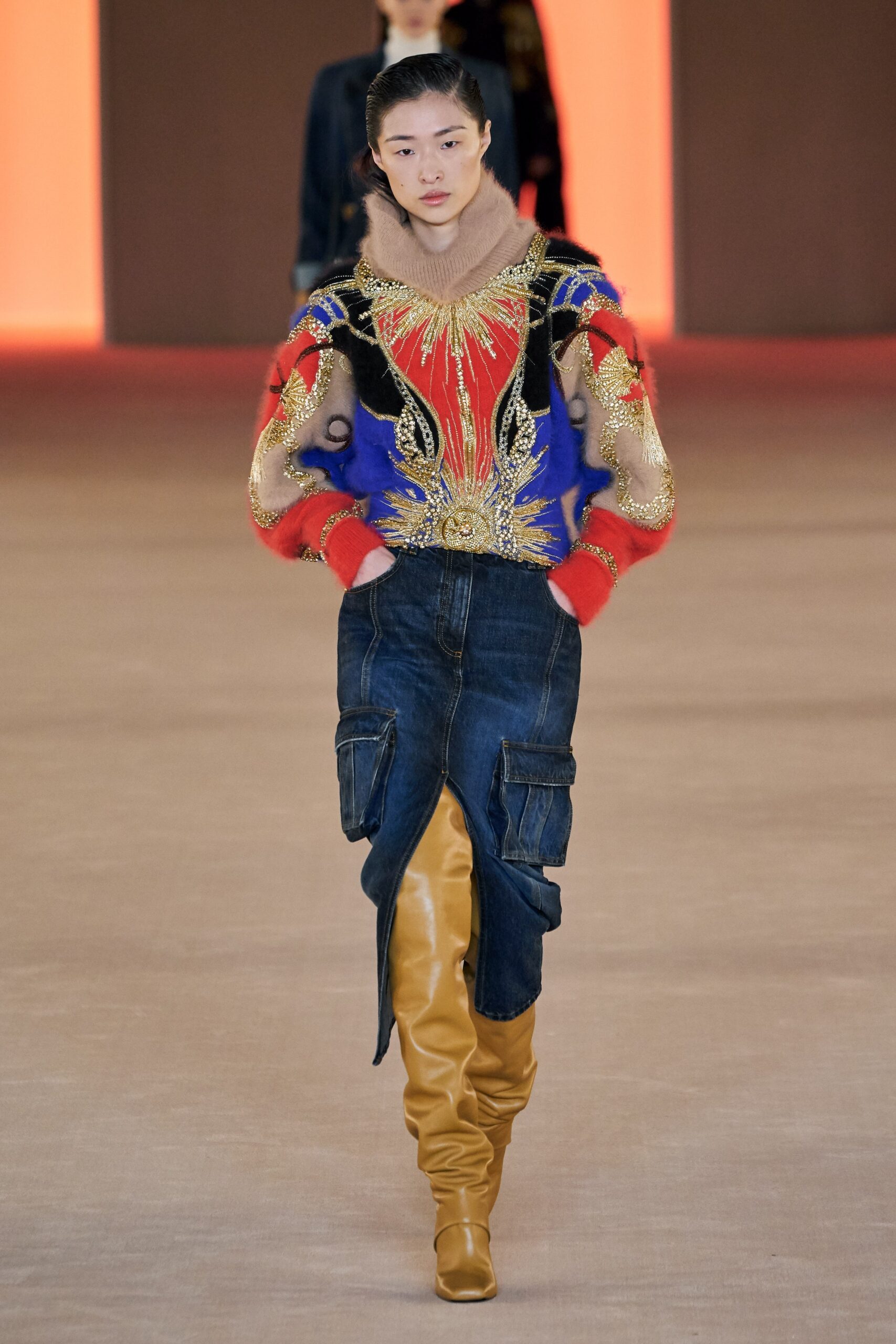 red wool long-sleeve high-neck fitted embroidered sweater