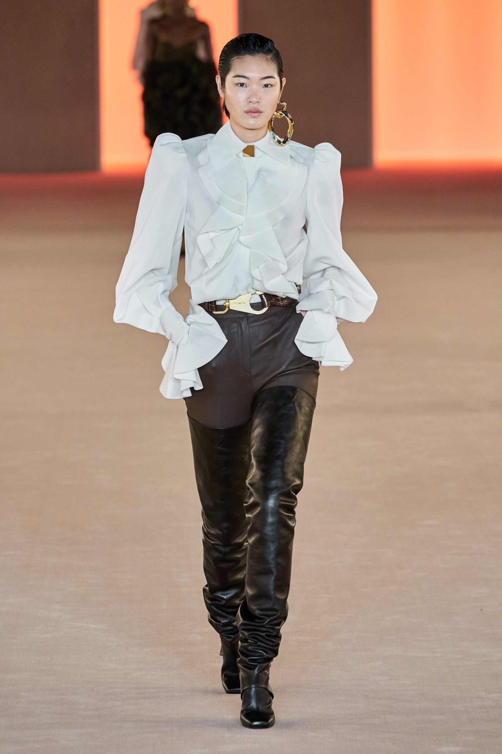 white silk long-sleeve collared fitted ruffled blouse