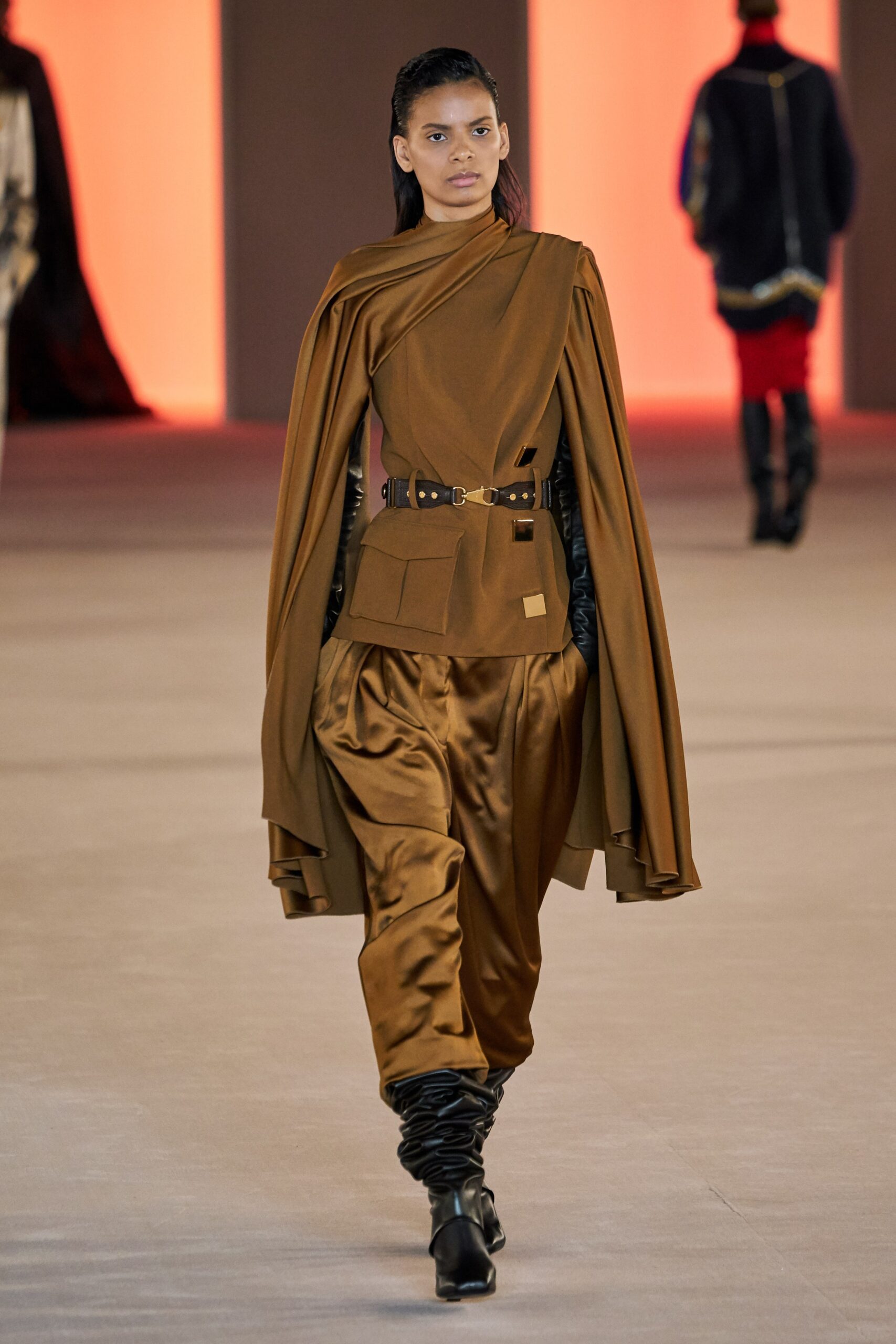 brown silk sleeveless relaxed draped cape