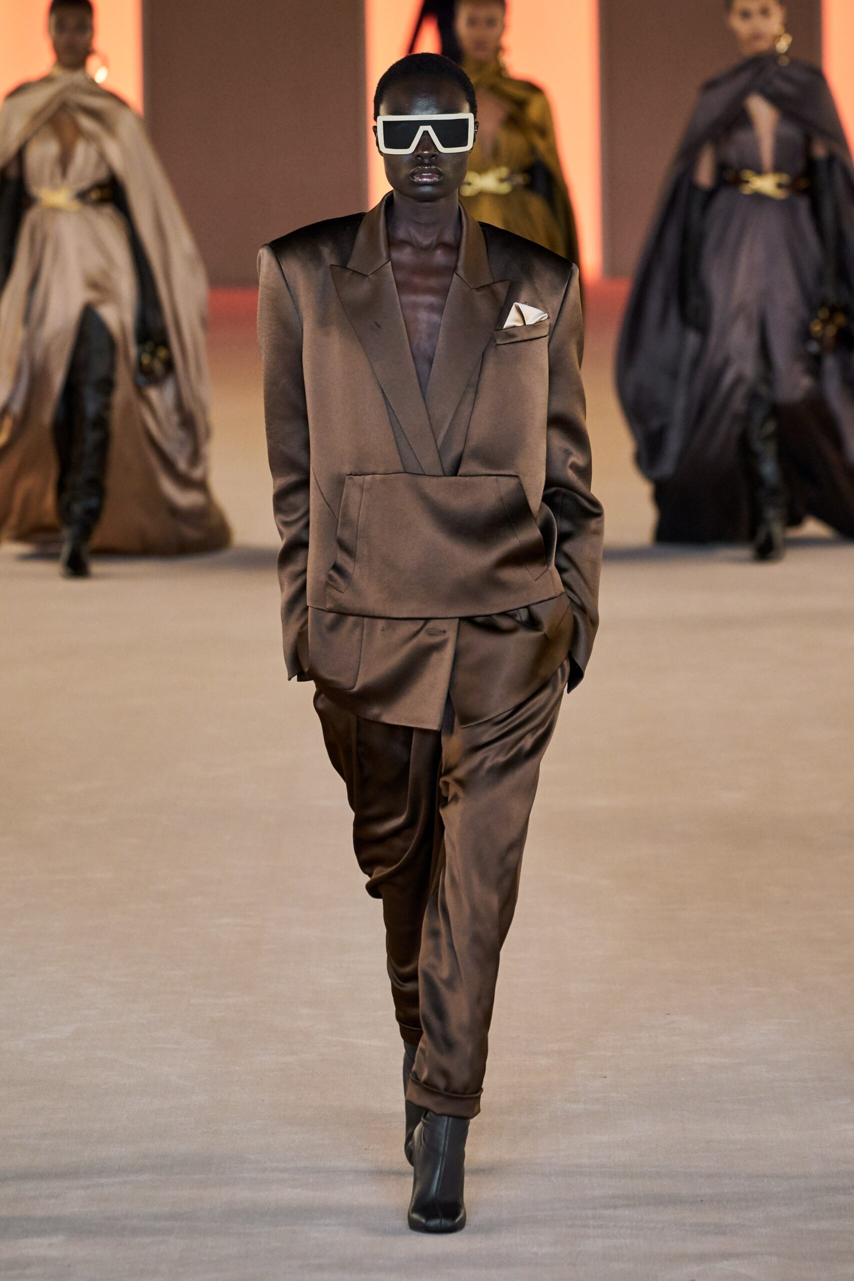 brown silk tailored suit