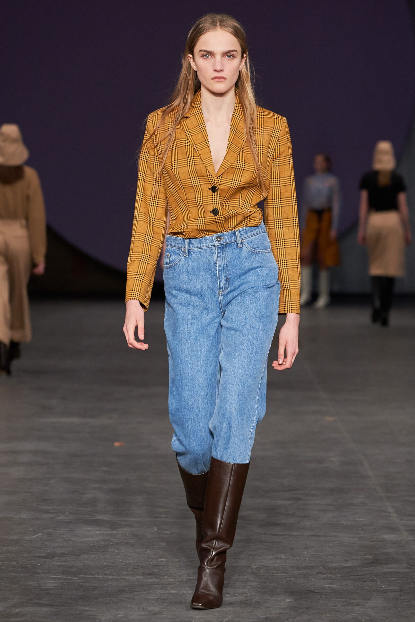 yellow checked blazer with denim pants