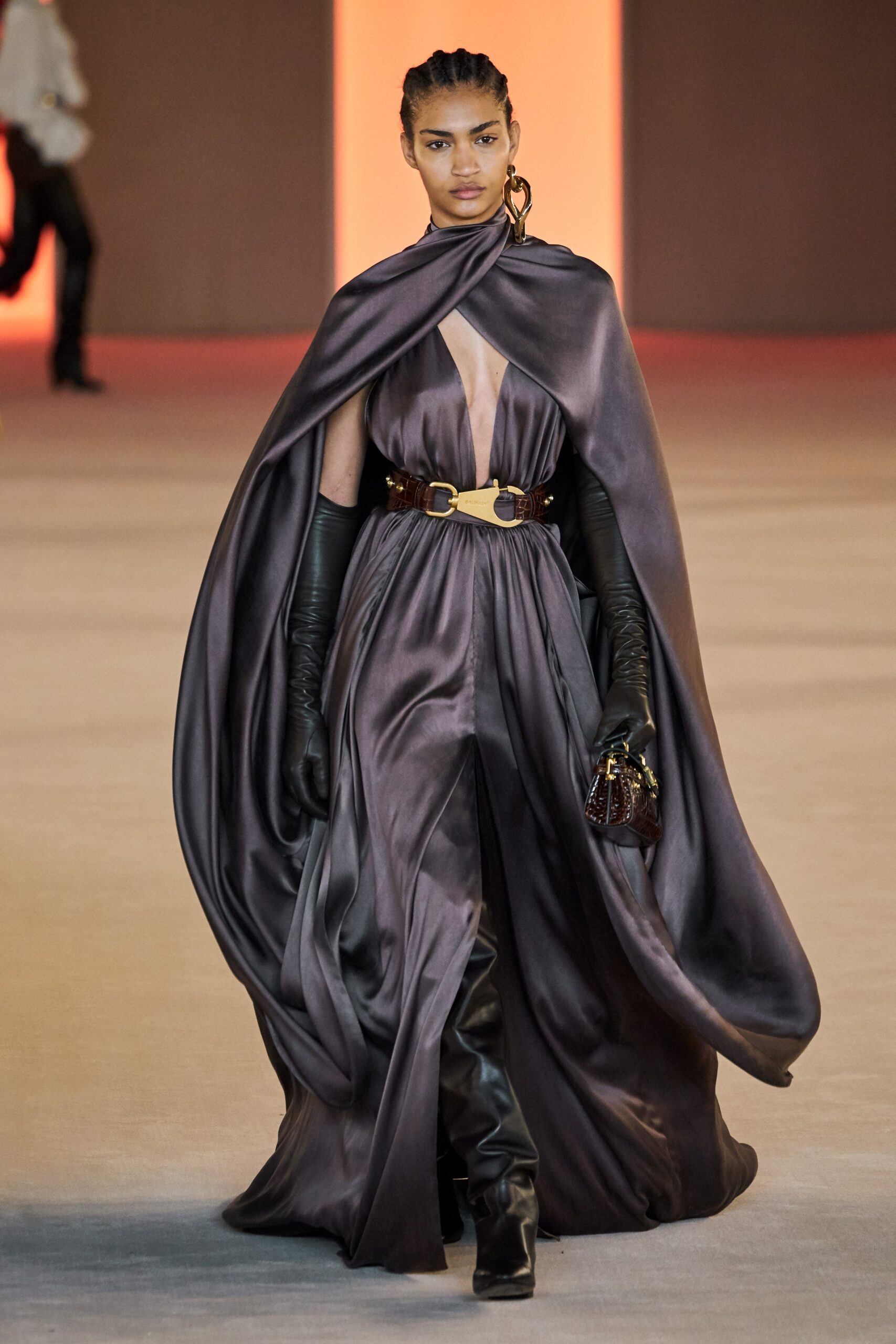 purple silk gown with cape