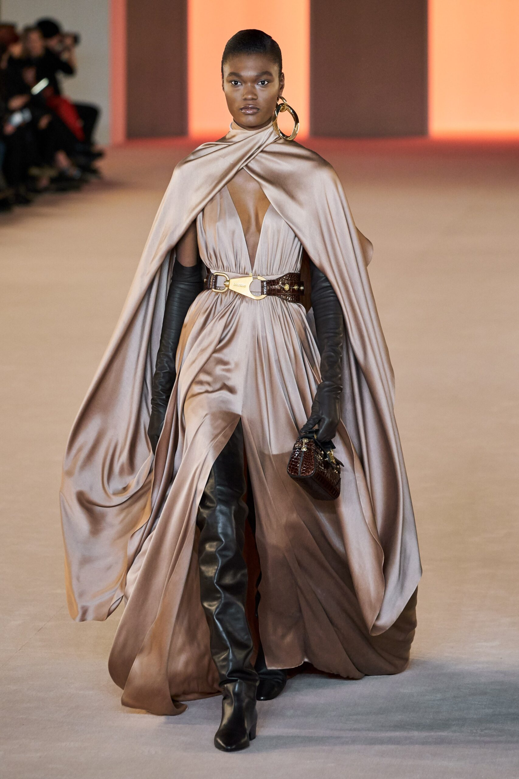 beige silk sleeveless v-neck fitted draped belted gown