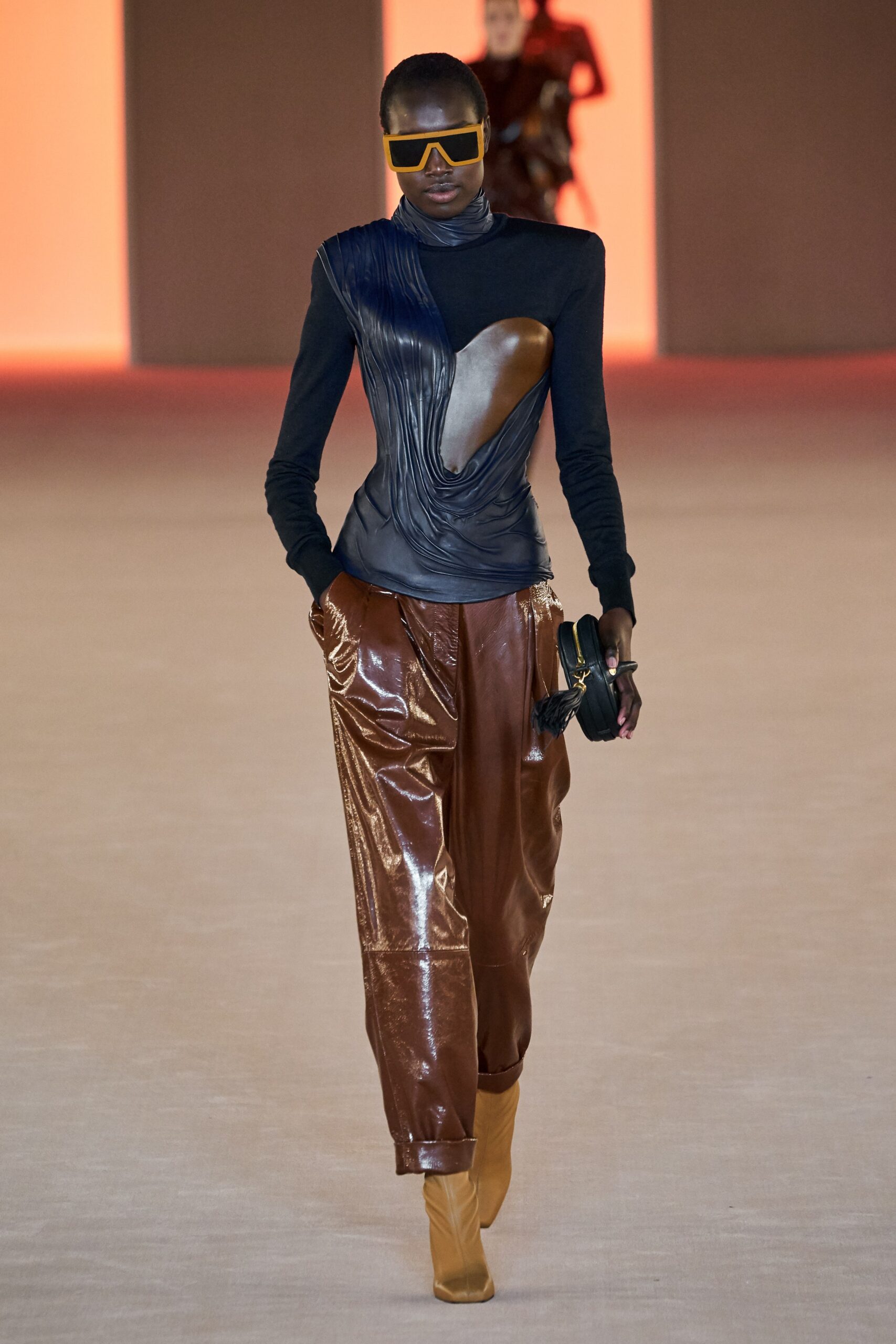 brown vinyl relaxed wide-leg shiny pants