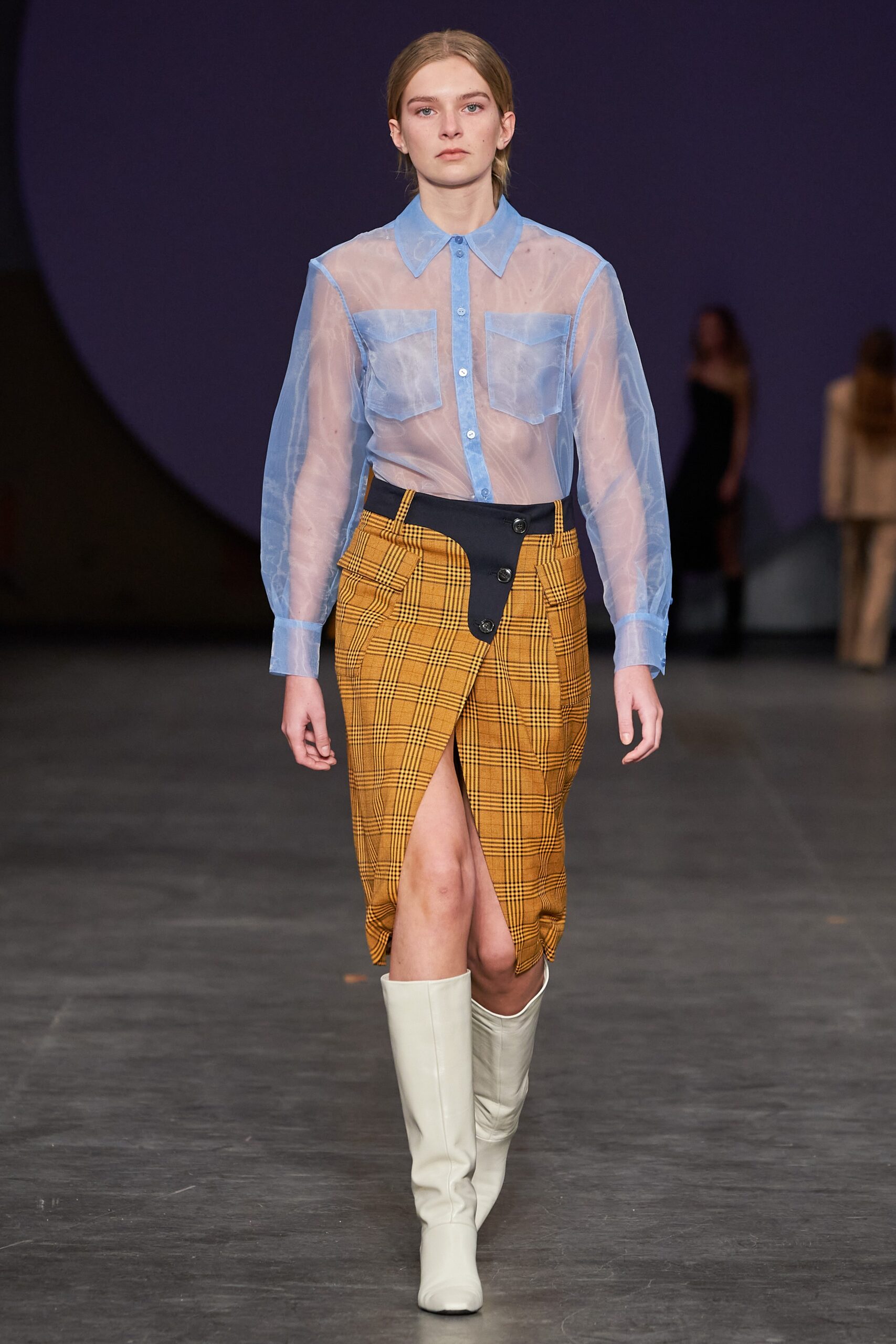 blue sheer shirt yellow skirt