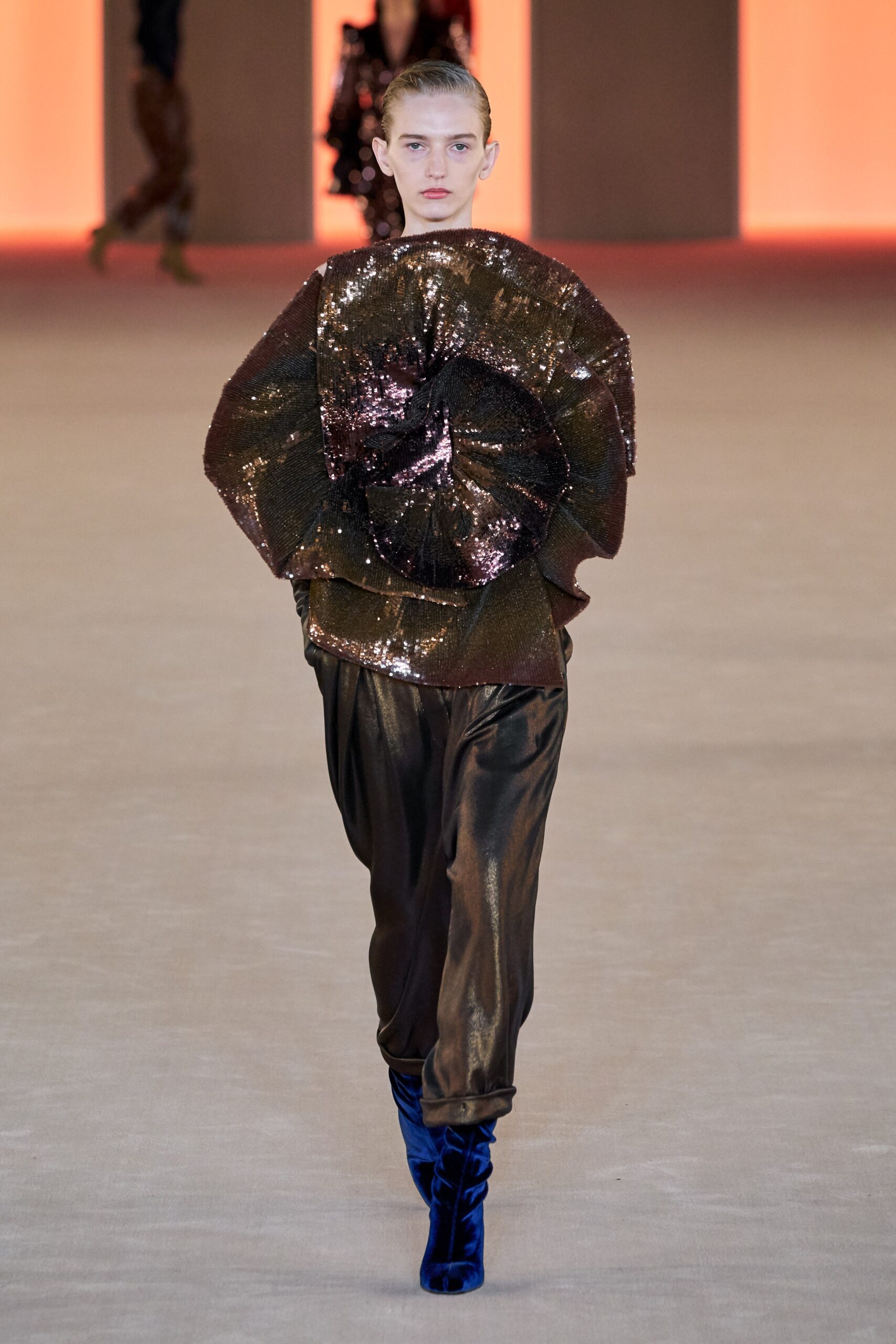 brown sequined relaxed top with fitted pants