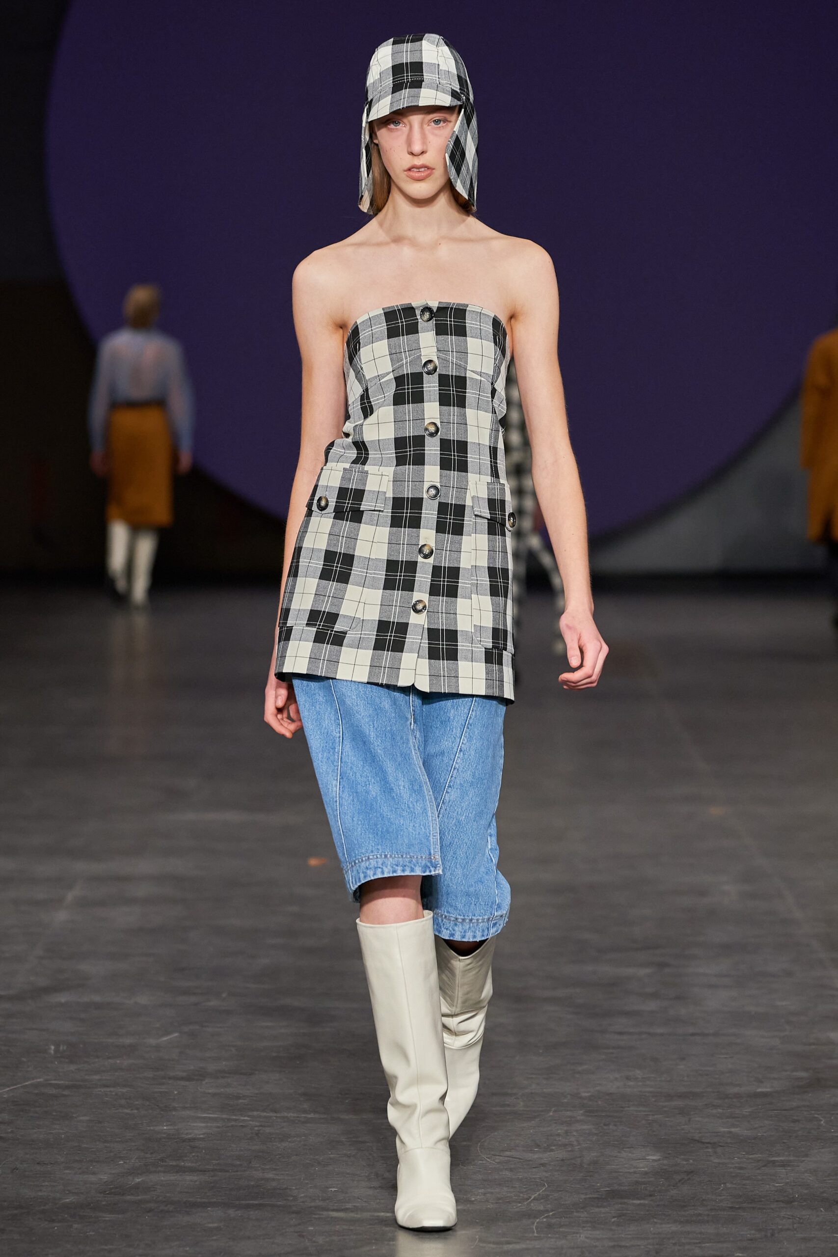 checked strapless top with denim shorts