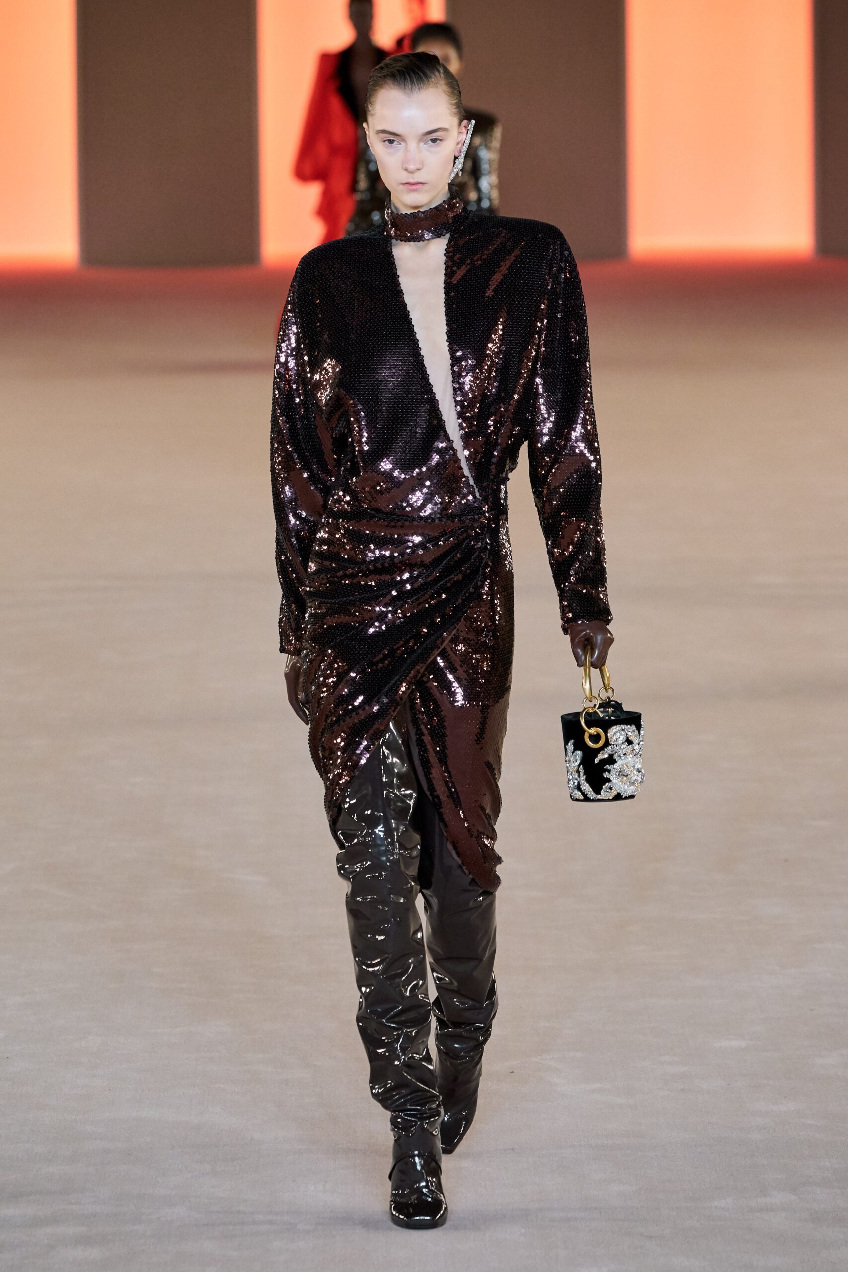 brown sequin long-sleeve v-neck fitted draped shiny dress
