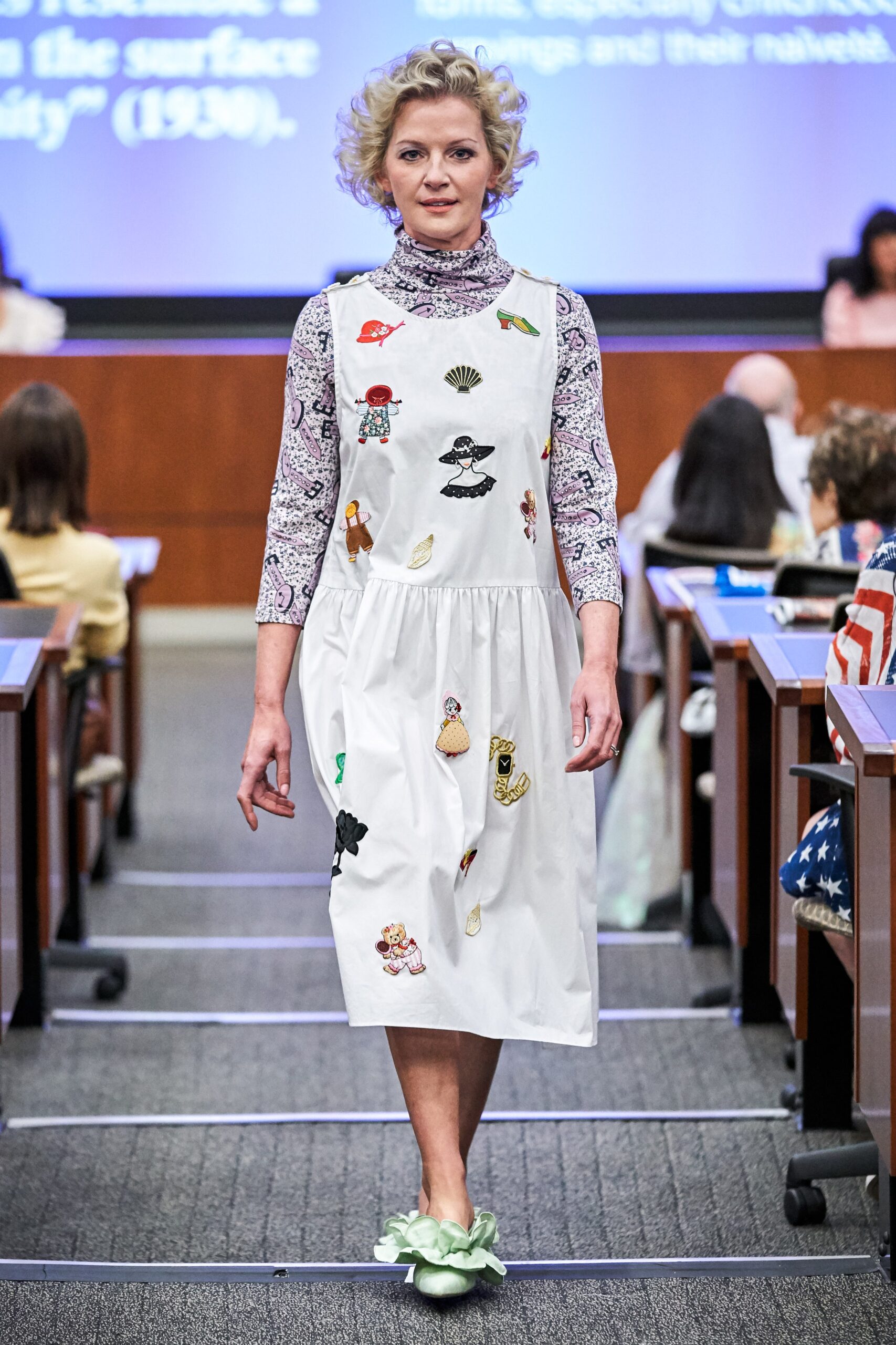 white embroidered midi dress with purple turtleneck