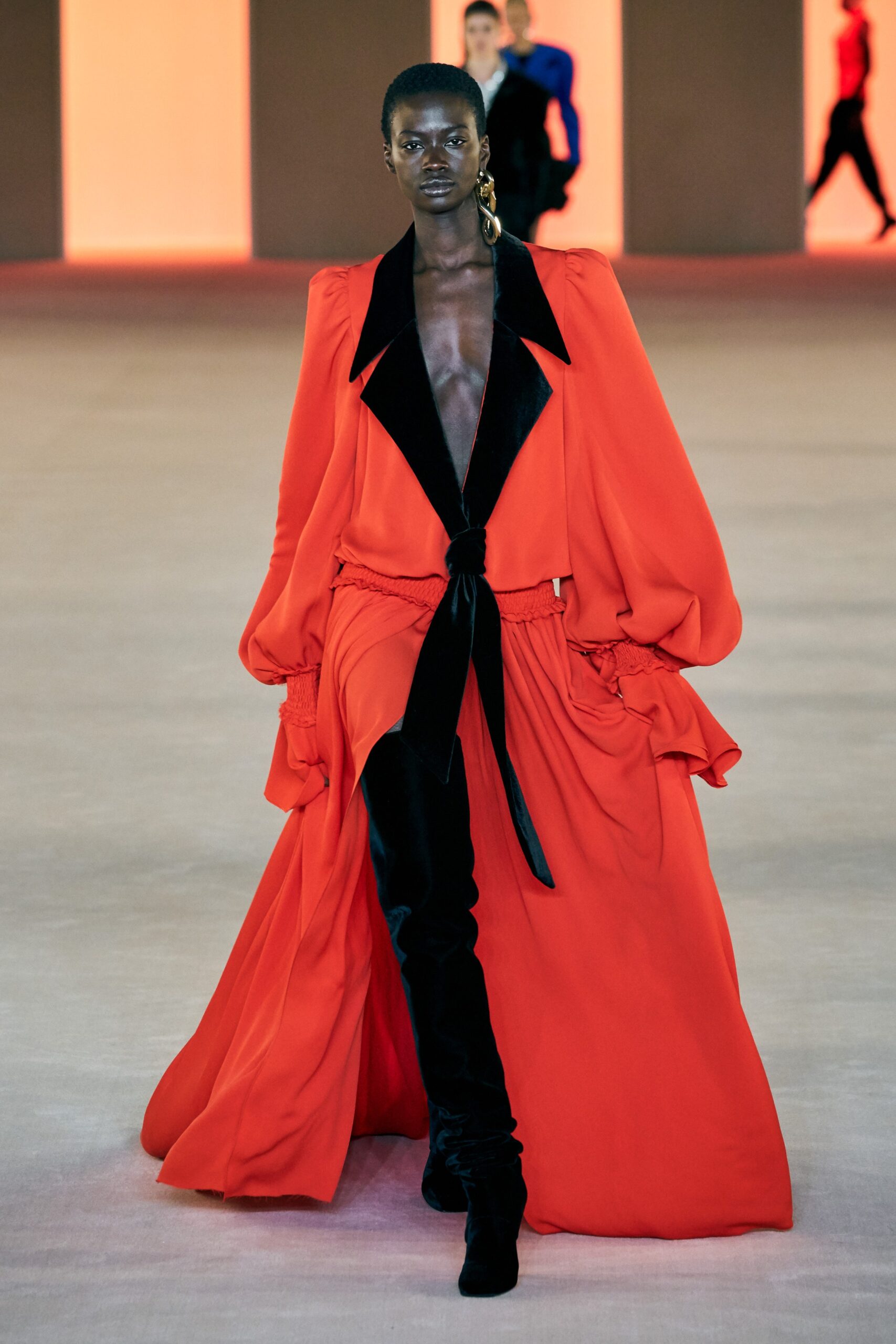 red silk long-sleeve gown