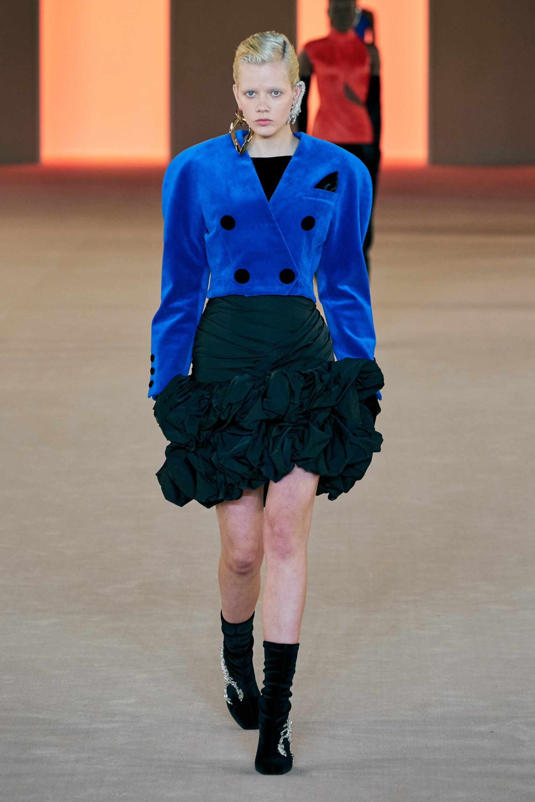 blue velvet long-sleeve collared structured buttoned blazer