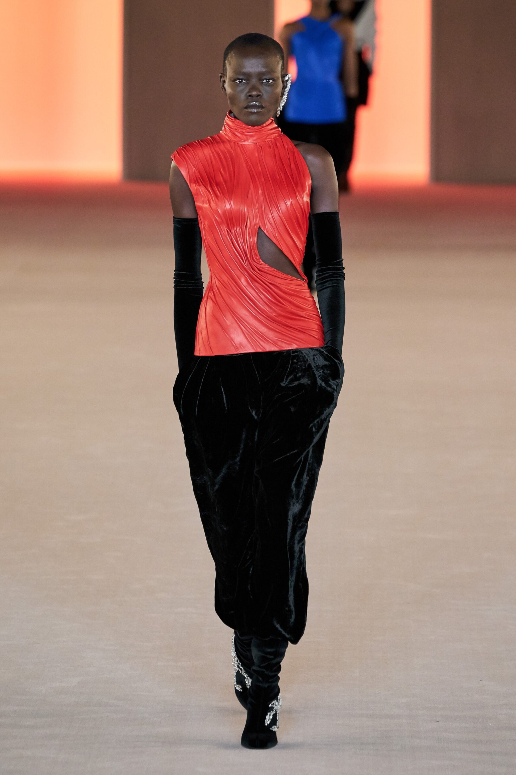 red silk sleeveless cutout fitted draped top