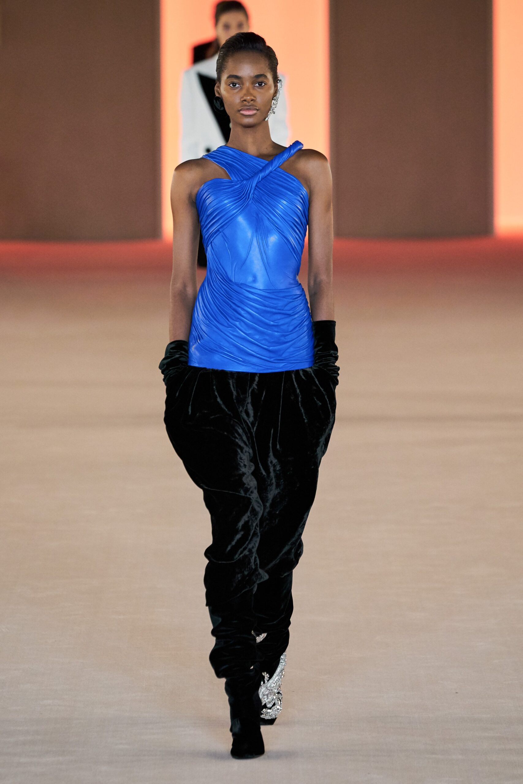 blue silk sleeveless v-neck fitted ruched top