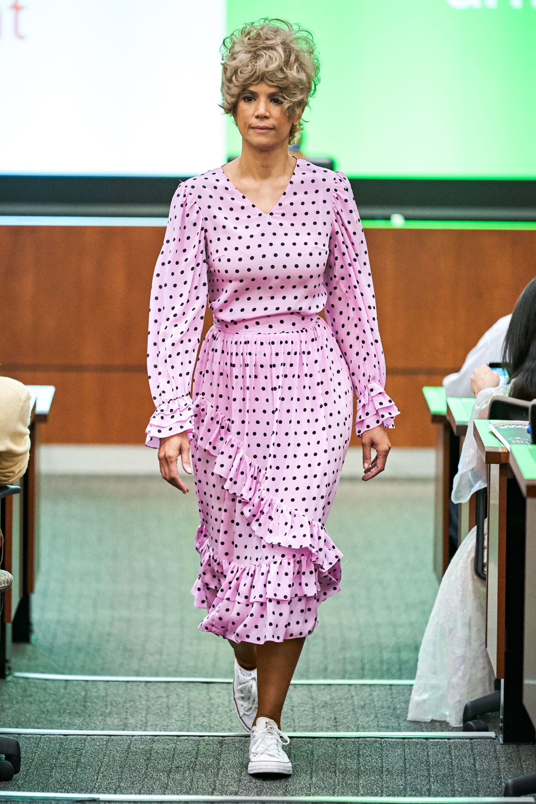 pink polka-dot ruffled midi dress