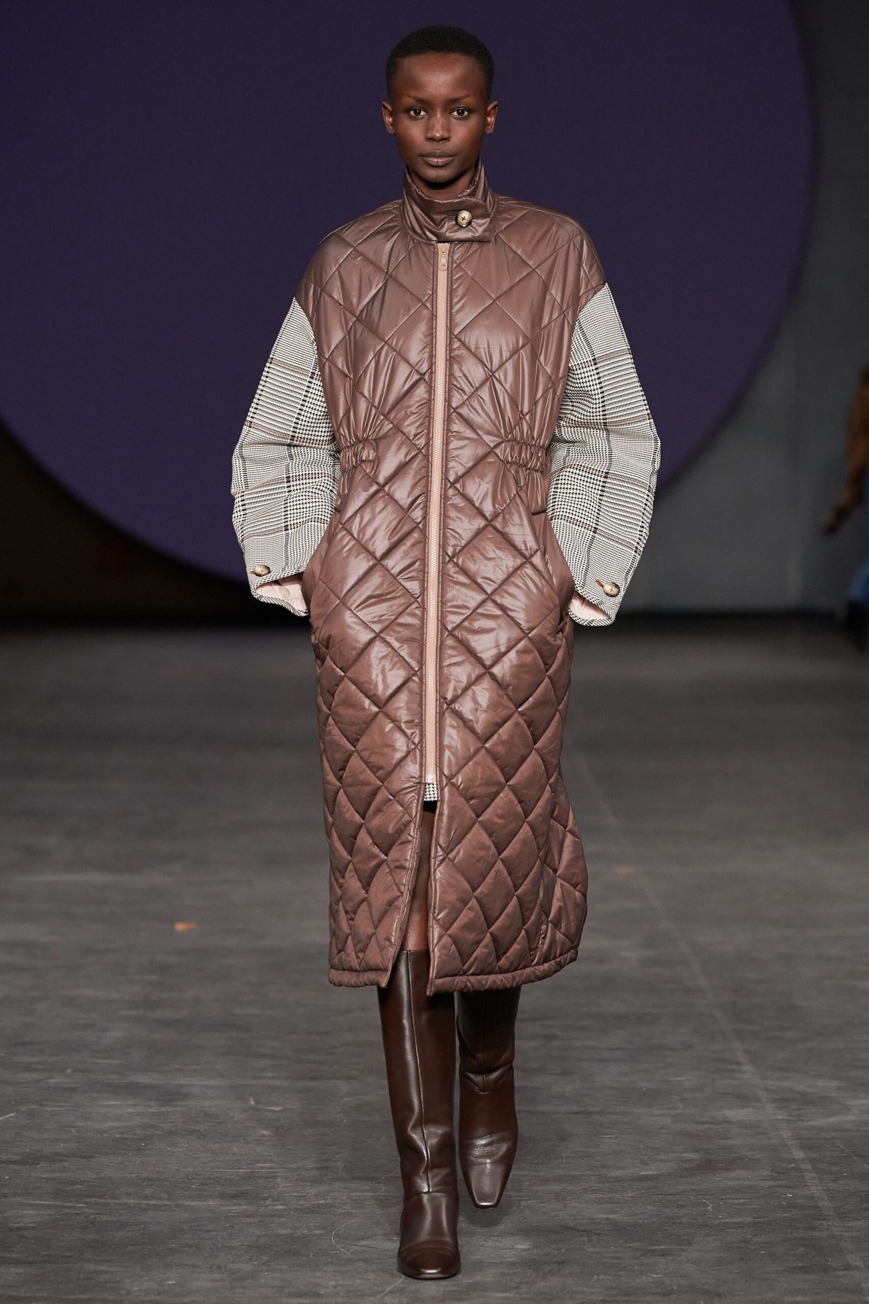 brown quilted coat with boots