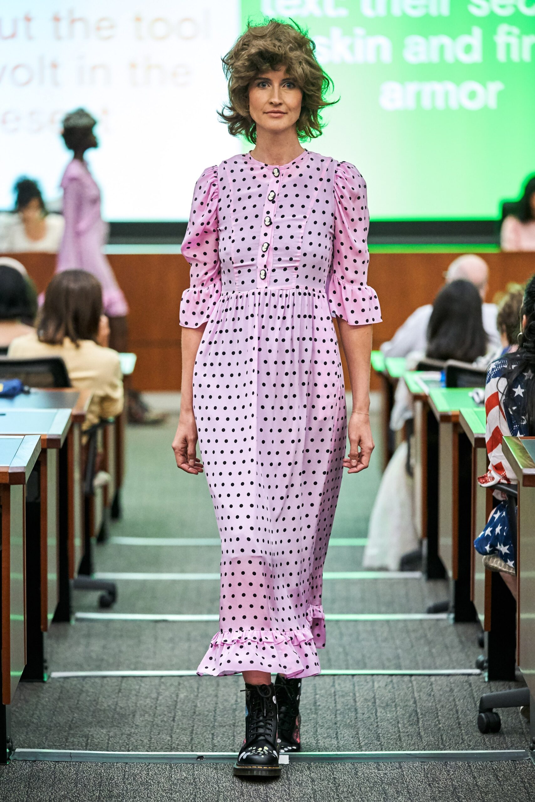 pink polka-dot midi dress