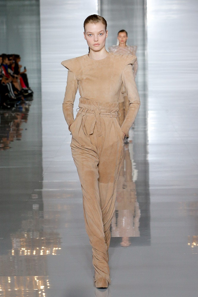 beige fitted suede jumpsuit