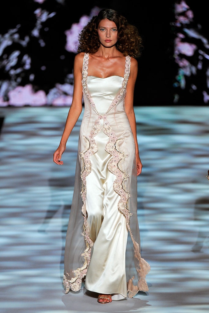 white silk embroidered gown
