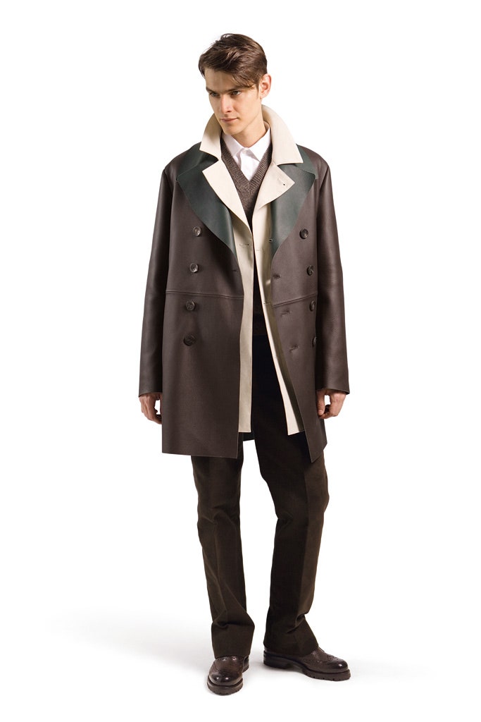 black leather coat with beige vest