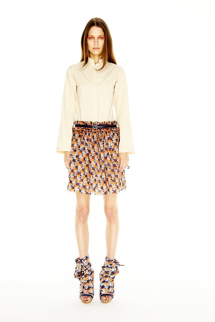 beige fitted shirt with mini skirt