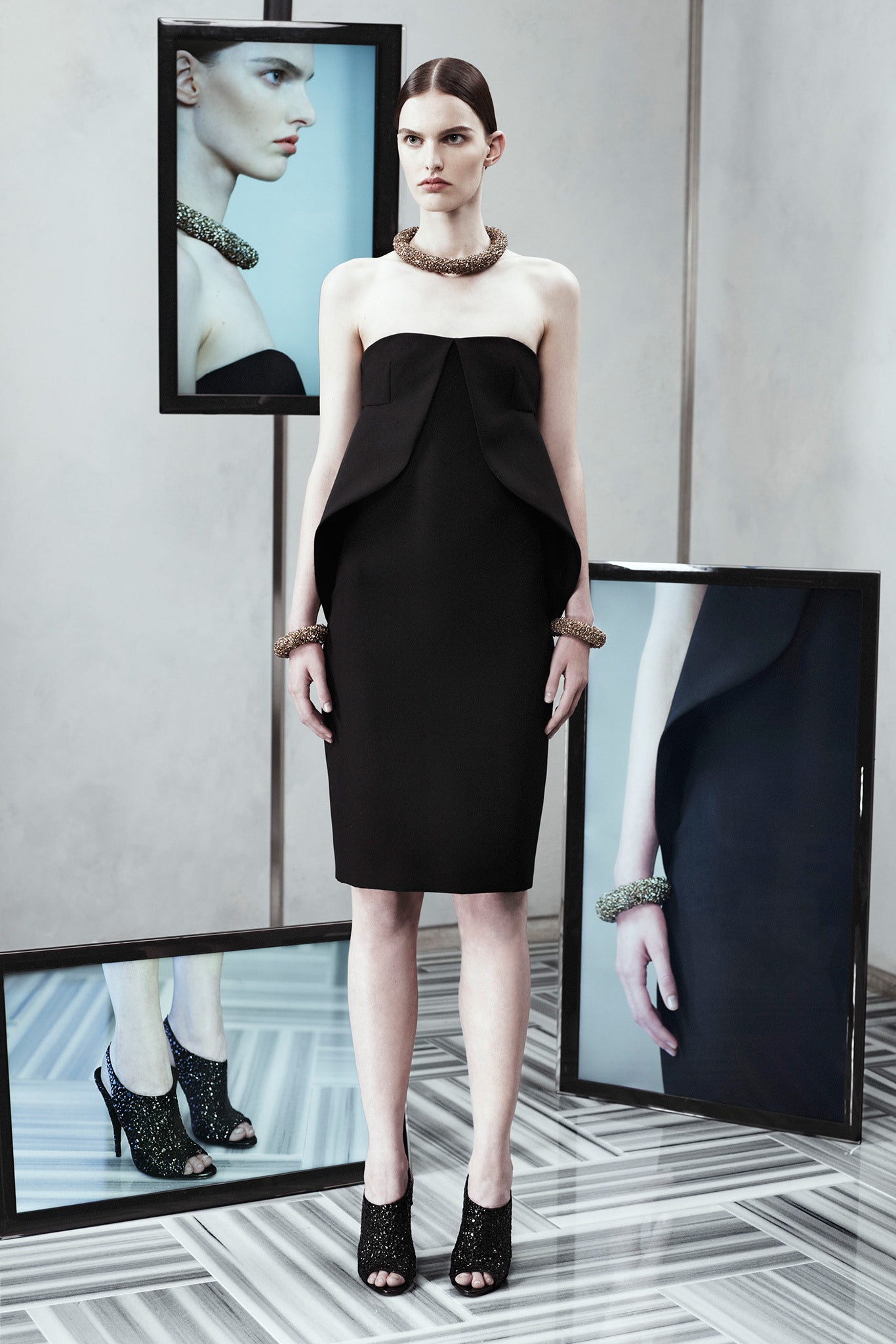 black strapless draped dress