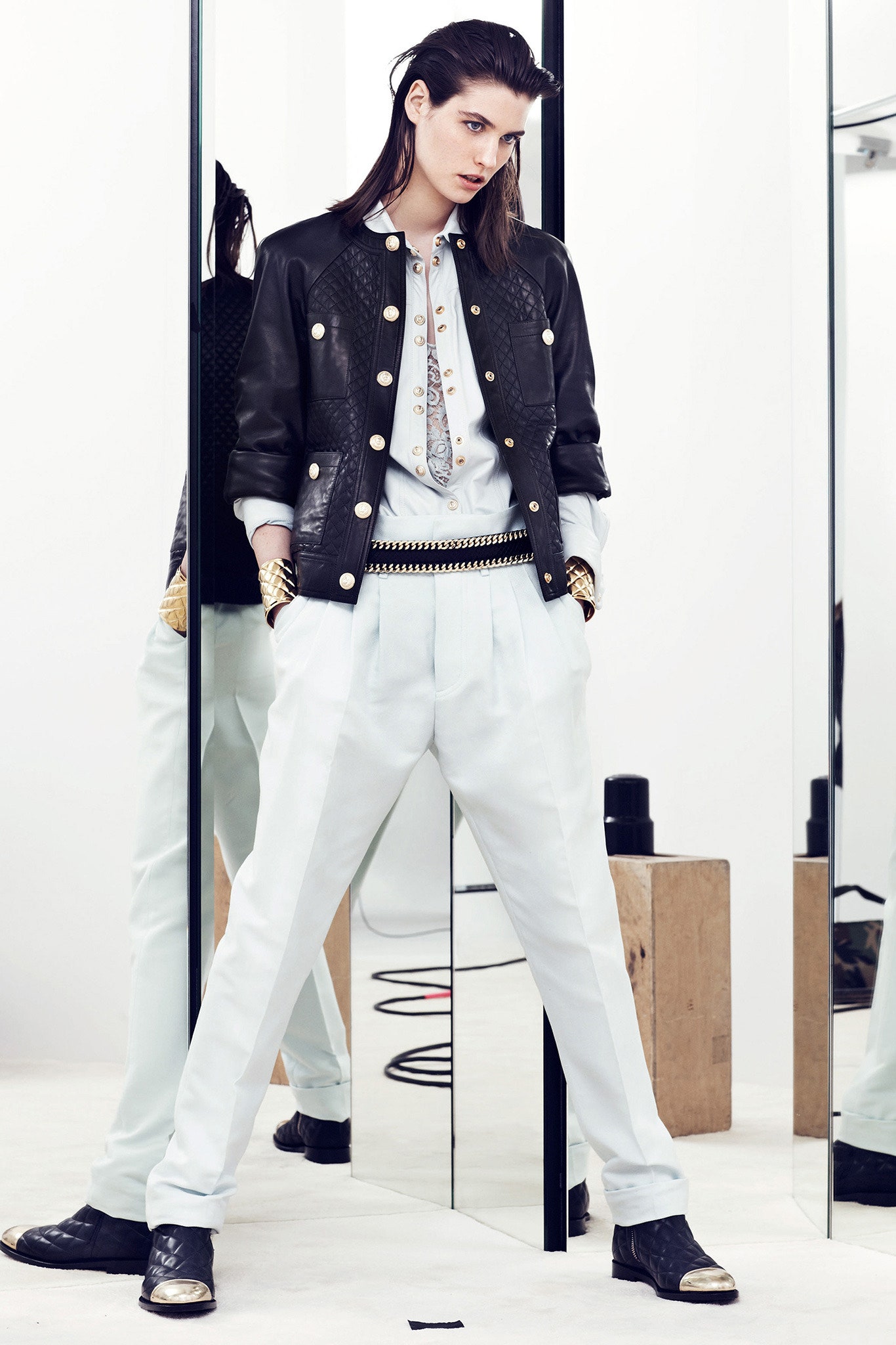 black leather fitted jacket with white shirt