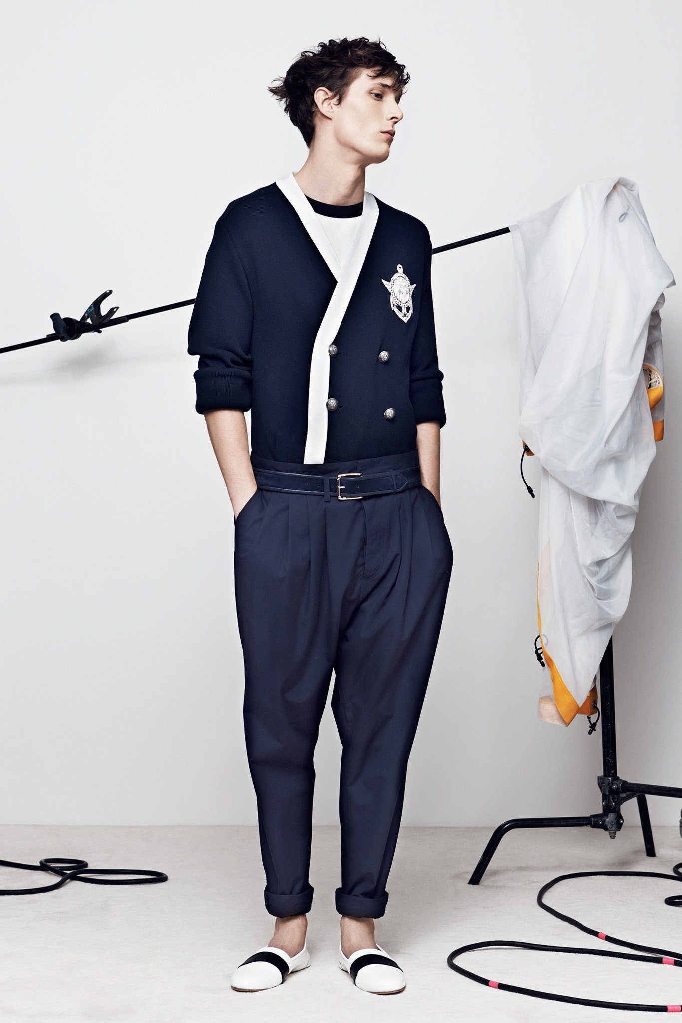 navy tailored blazer with relaxed pants