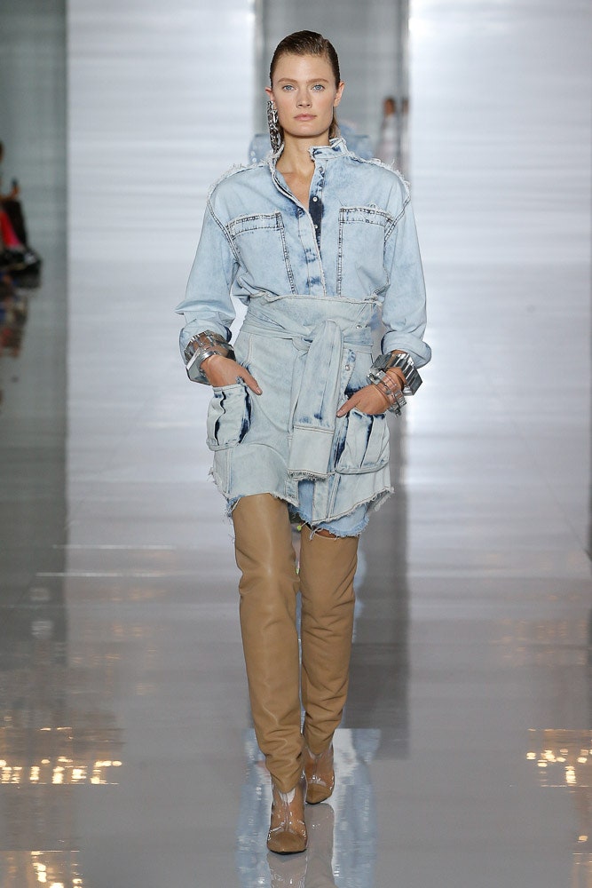 blue denim long-sleeve collared fitted buttoned fringed dress
