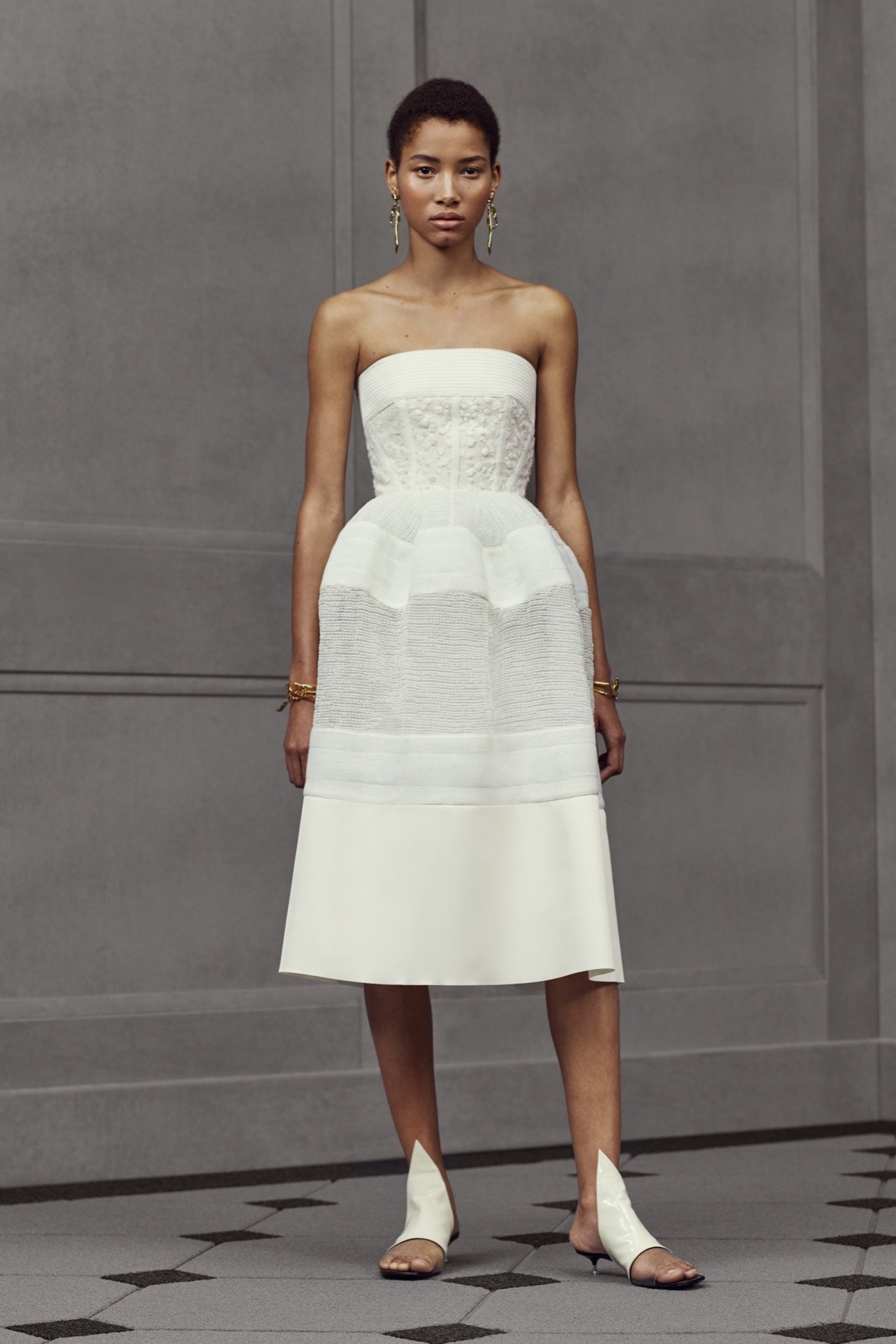 white strapless pleated dress