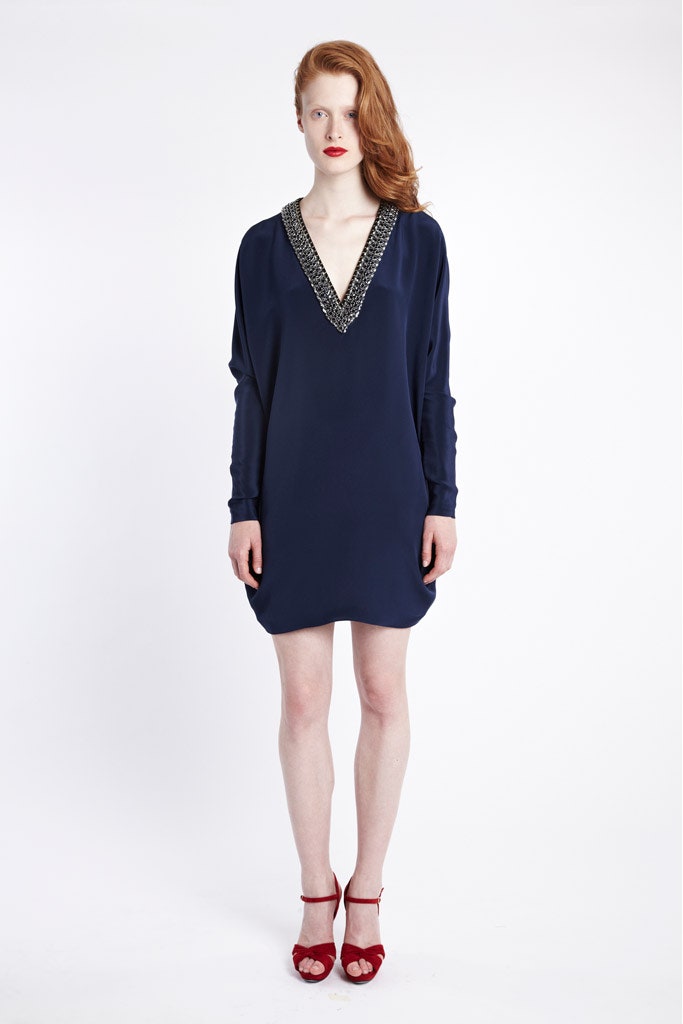 blue silk long-sleeve v-neck relaxed draped short dress