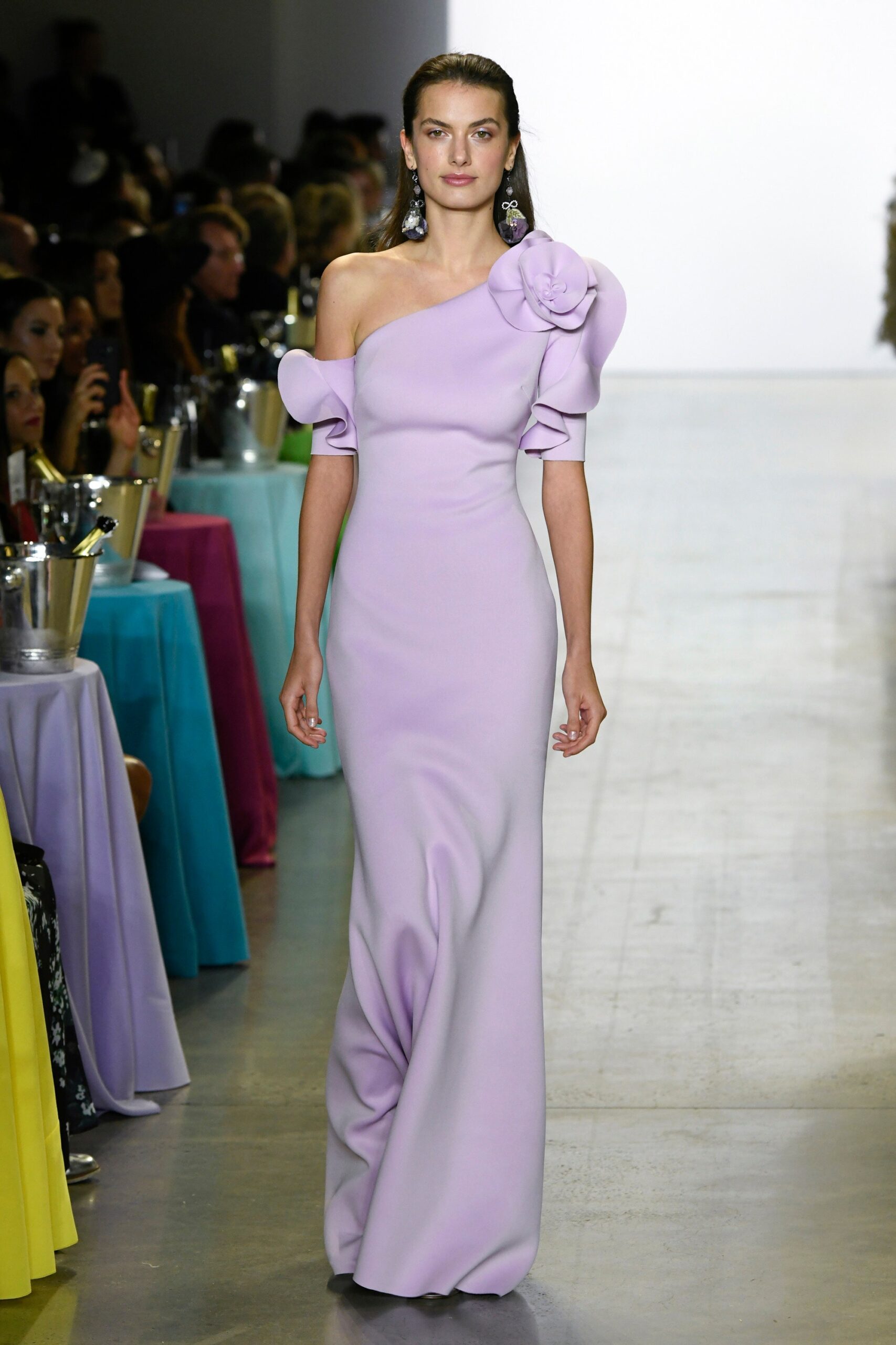 lavender silk off-shoulder gown