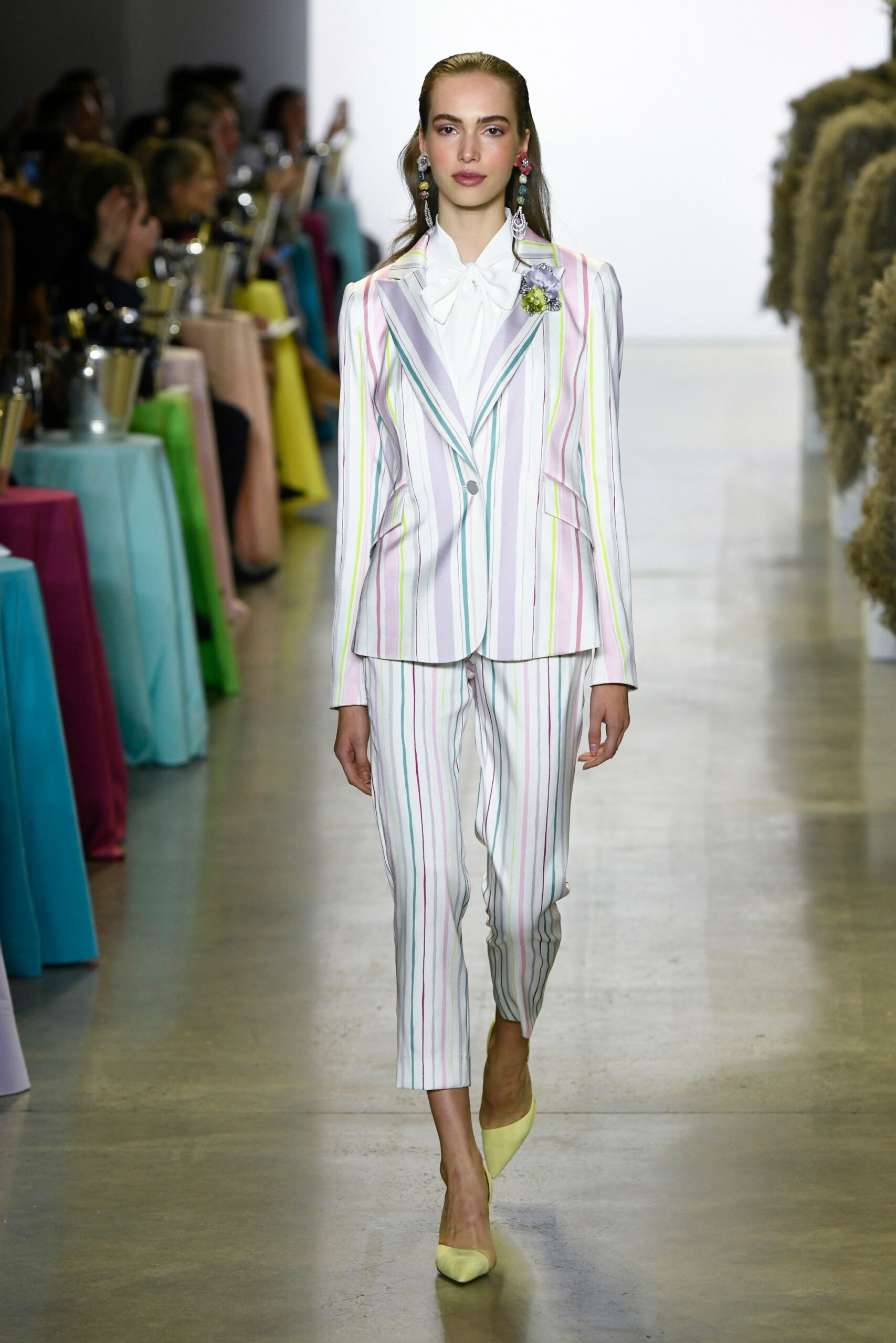 striped tailored suit with yellow shoes